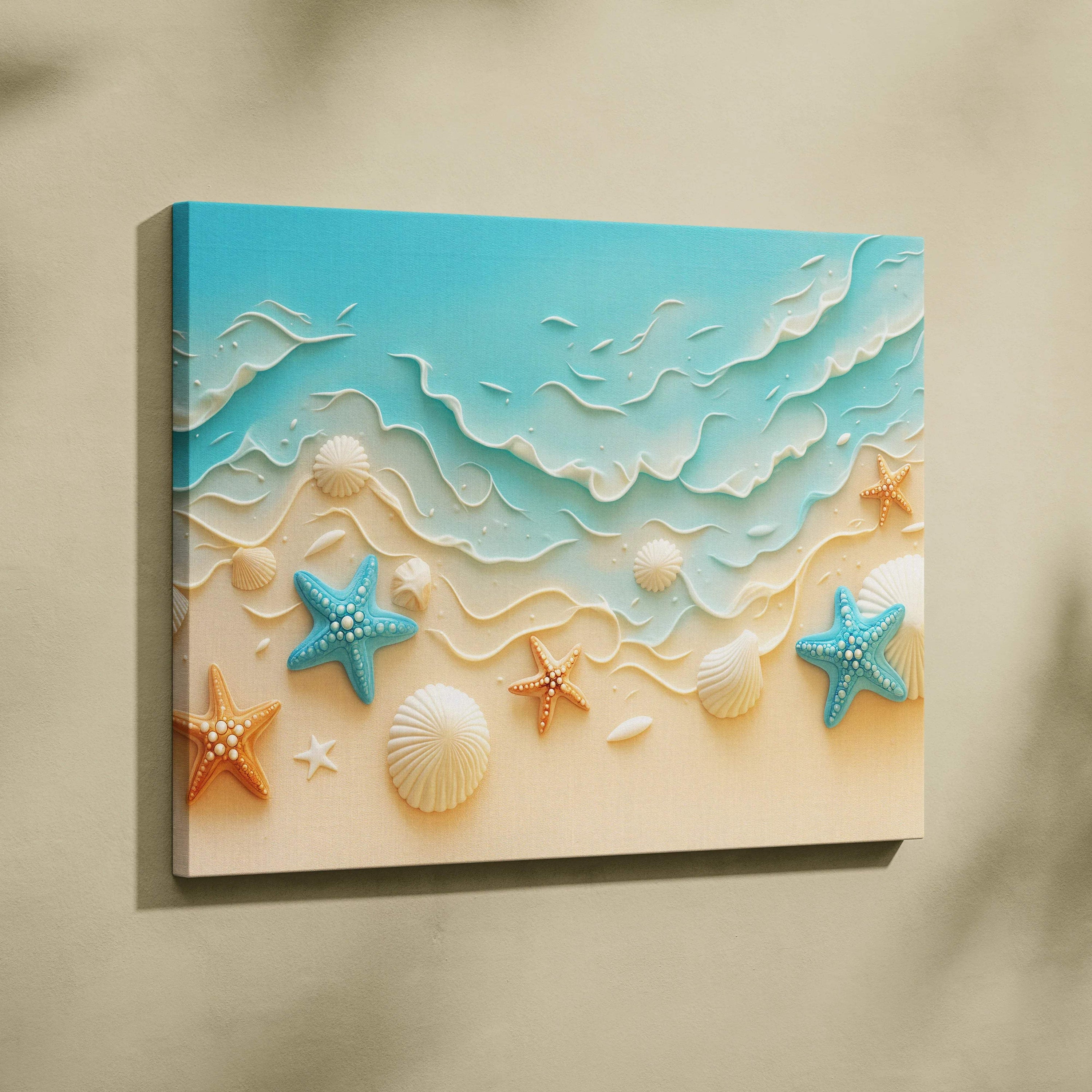 Beige turquoise ocean 3D canvas wall art with sculpted starfish shells waves