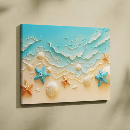 Beige turquoise ocean 3D canvas wall art with sculpted starfish shells waves