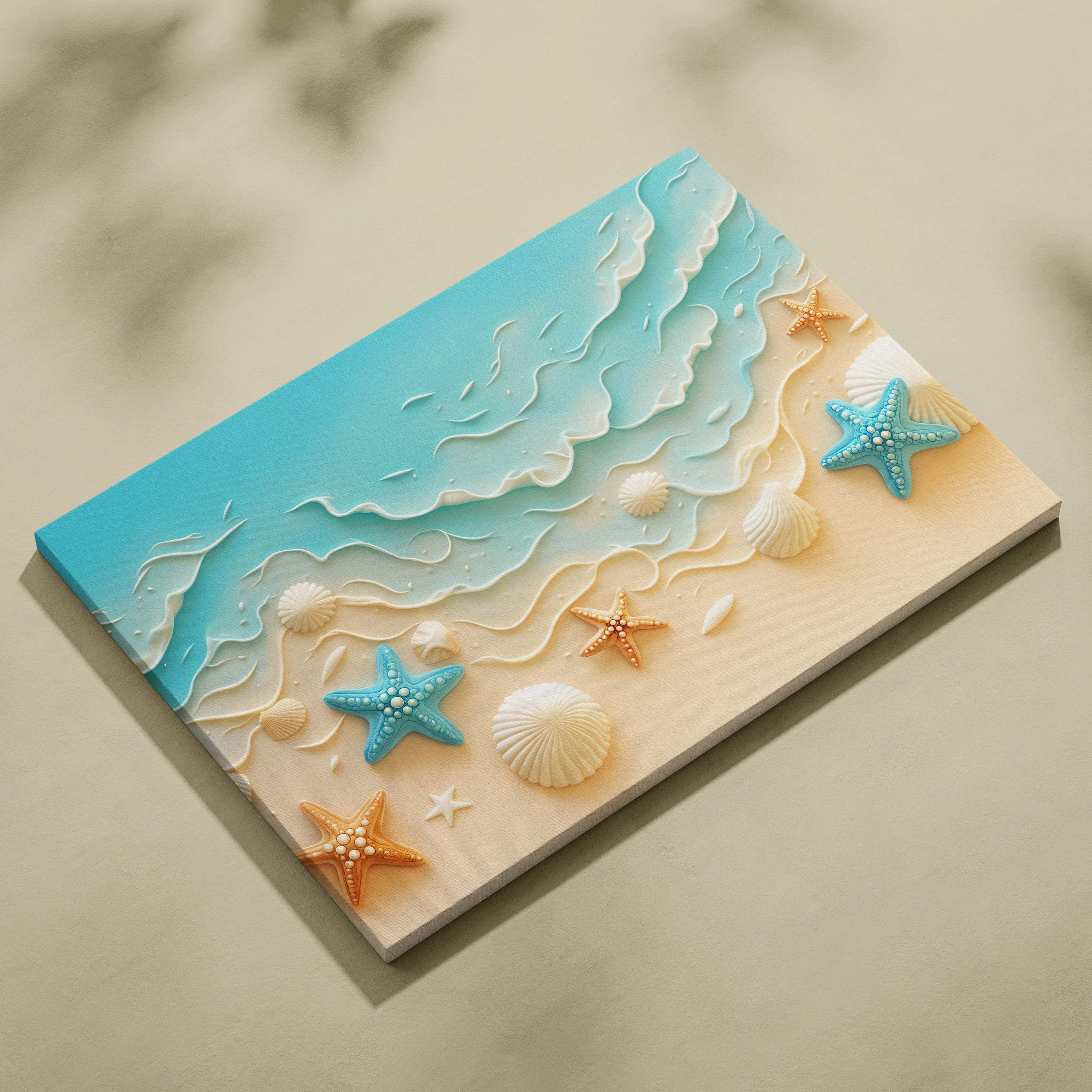 Pastel seaside canvas wall art with turquoise waves, starfish, shells on beach