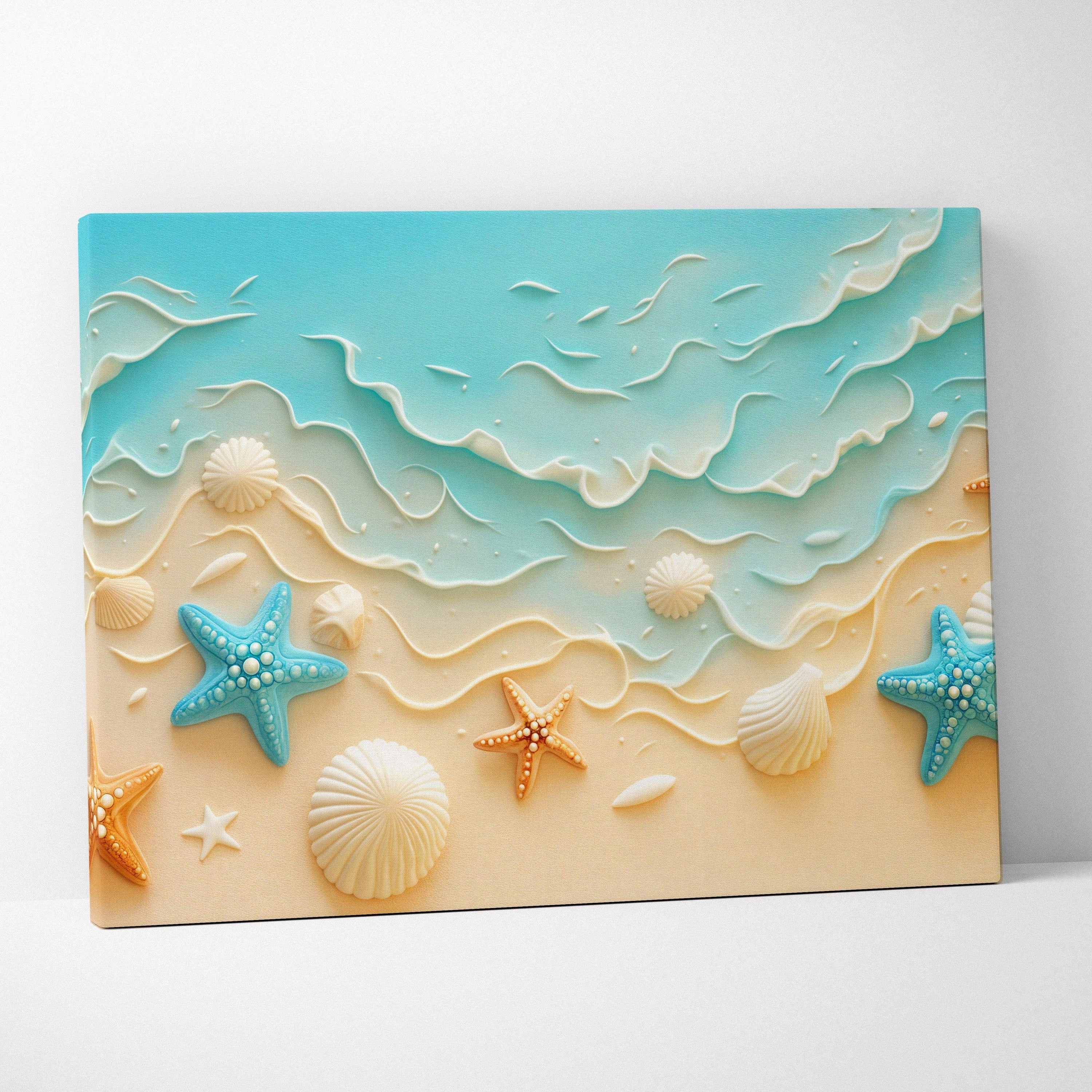 Pastel seaside canvas wall art with soft turquoise waves, starfish, shells on sandy beach