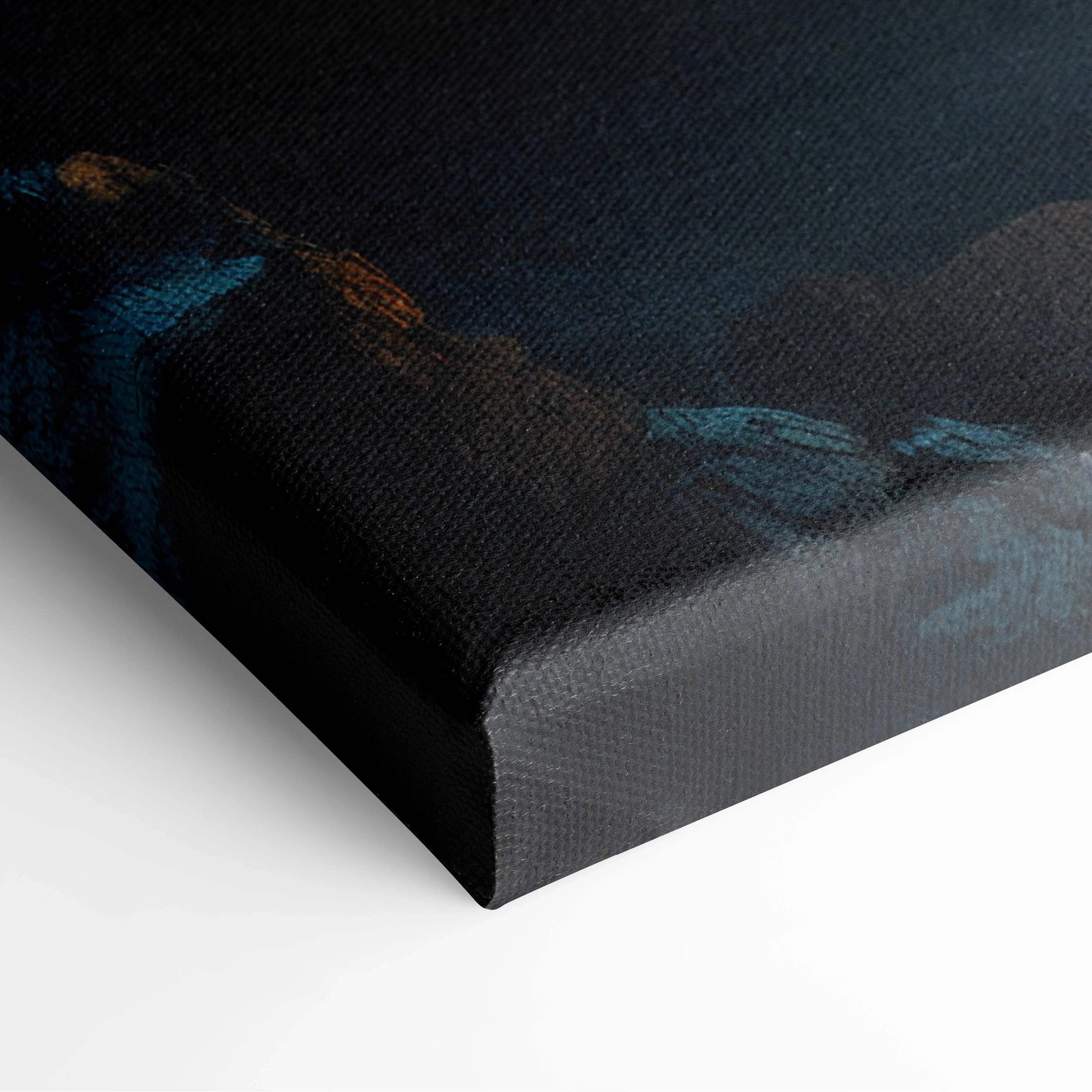 Black textured canvas print of Warm Lantern Night snowy village art
