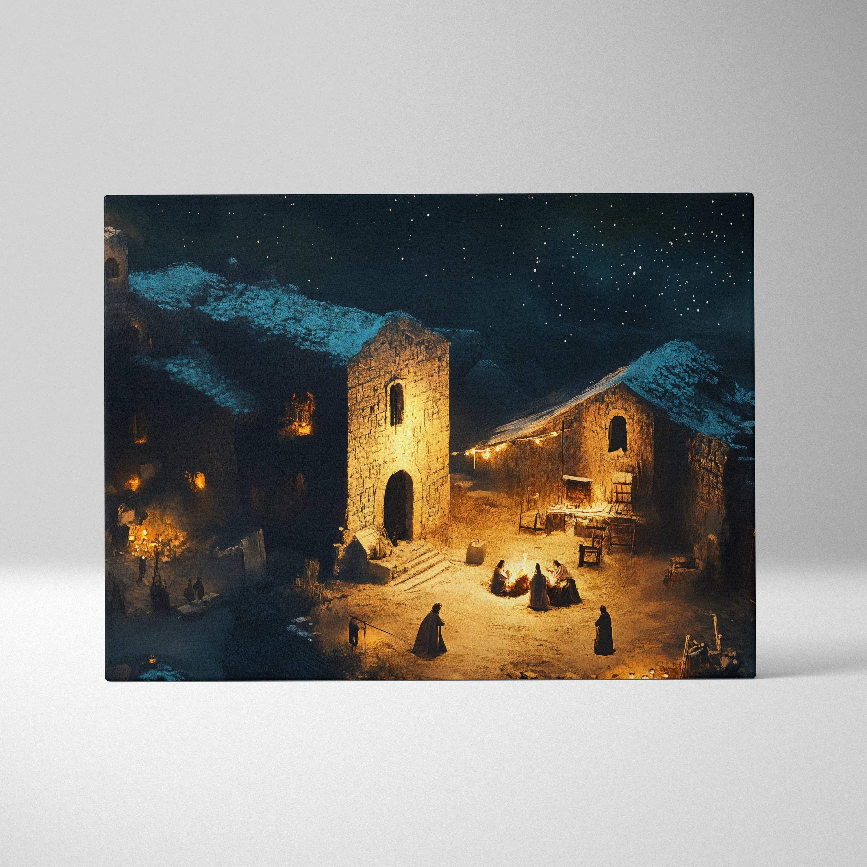 Warm lantern night over snowy stone village starry sky canvas wall art