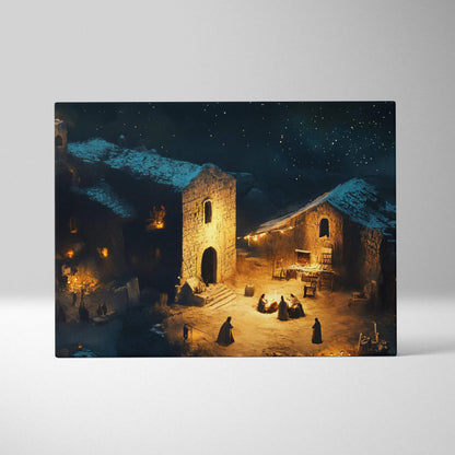 Warm lantern night over snowy stone village starry sky canvas wall art