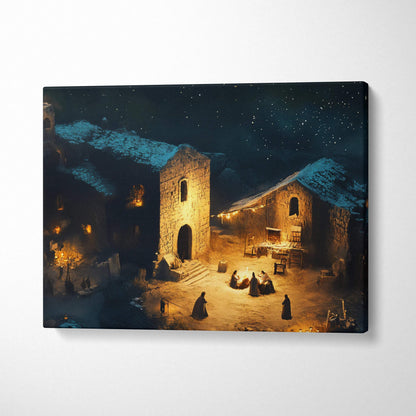 Warm lantern night over snowy stone village starry sky canvas print
