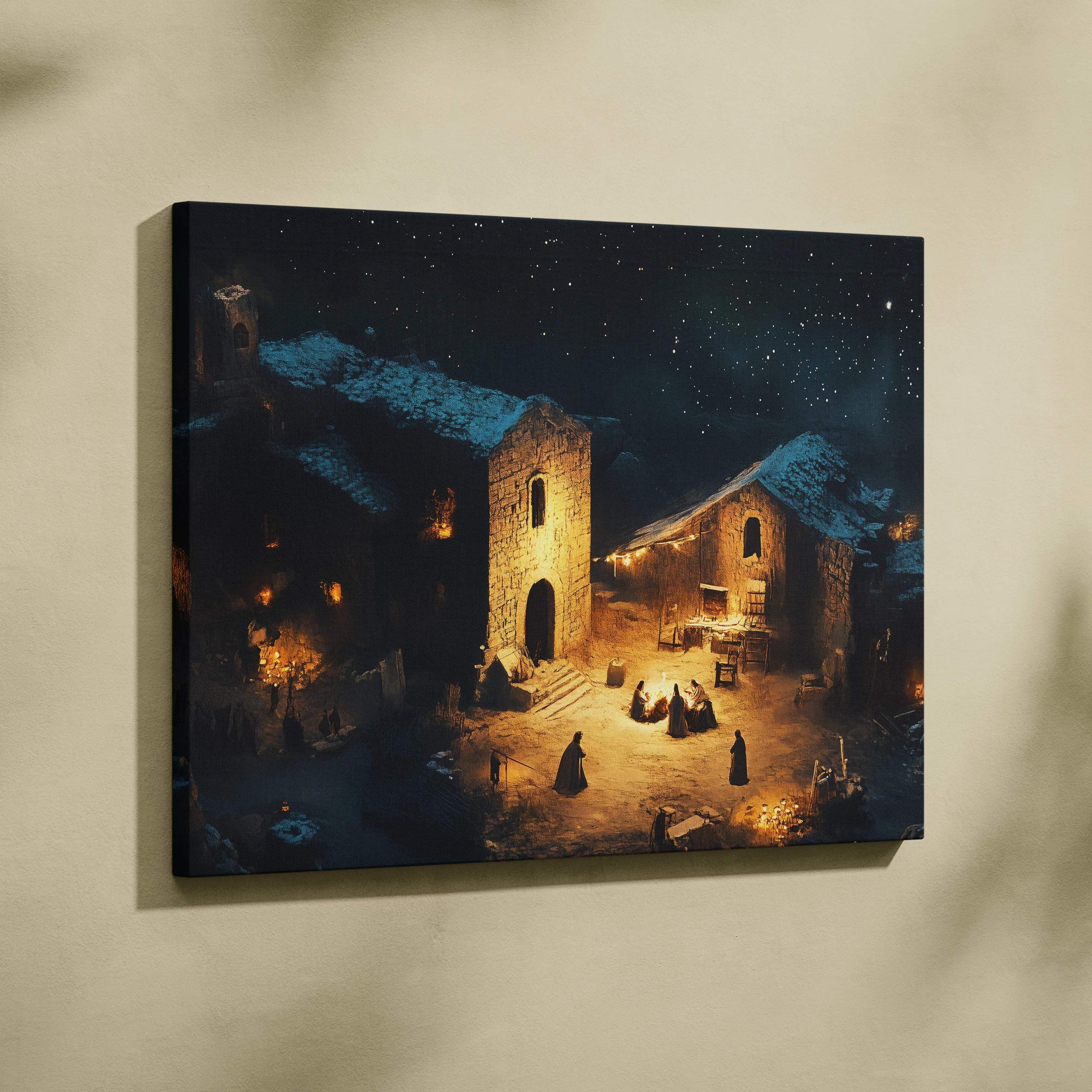 Warm lantern night over snowy stone village starry sky canvas art