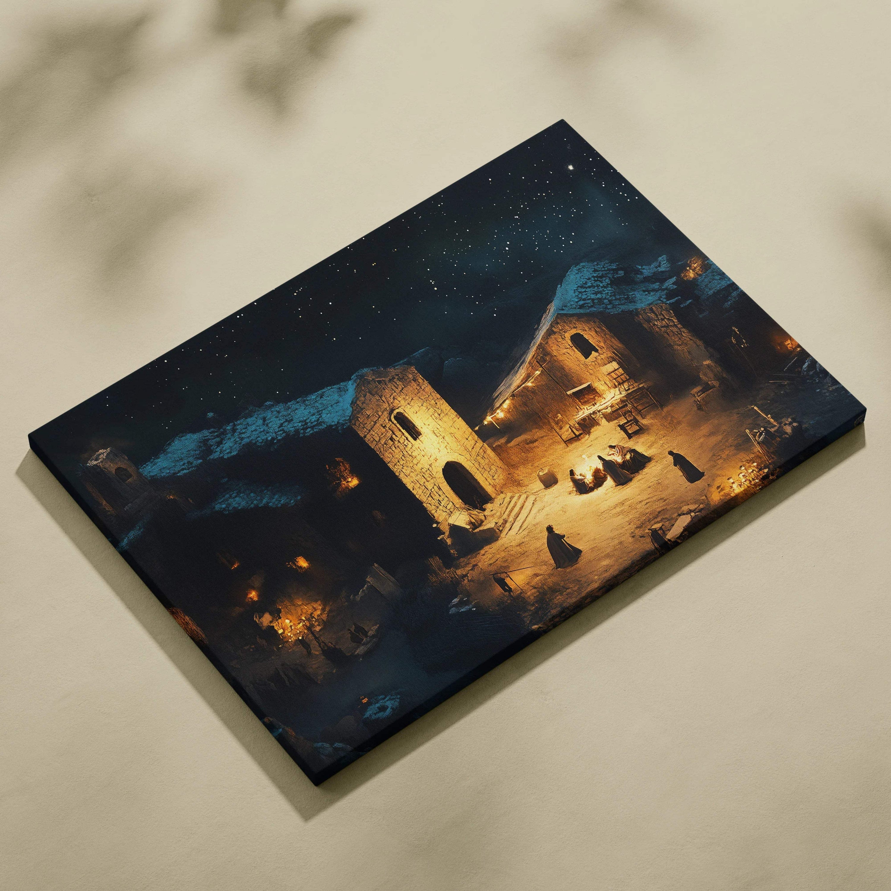 Warm lantern night over snowy stone village with starry sky canvas print