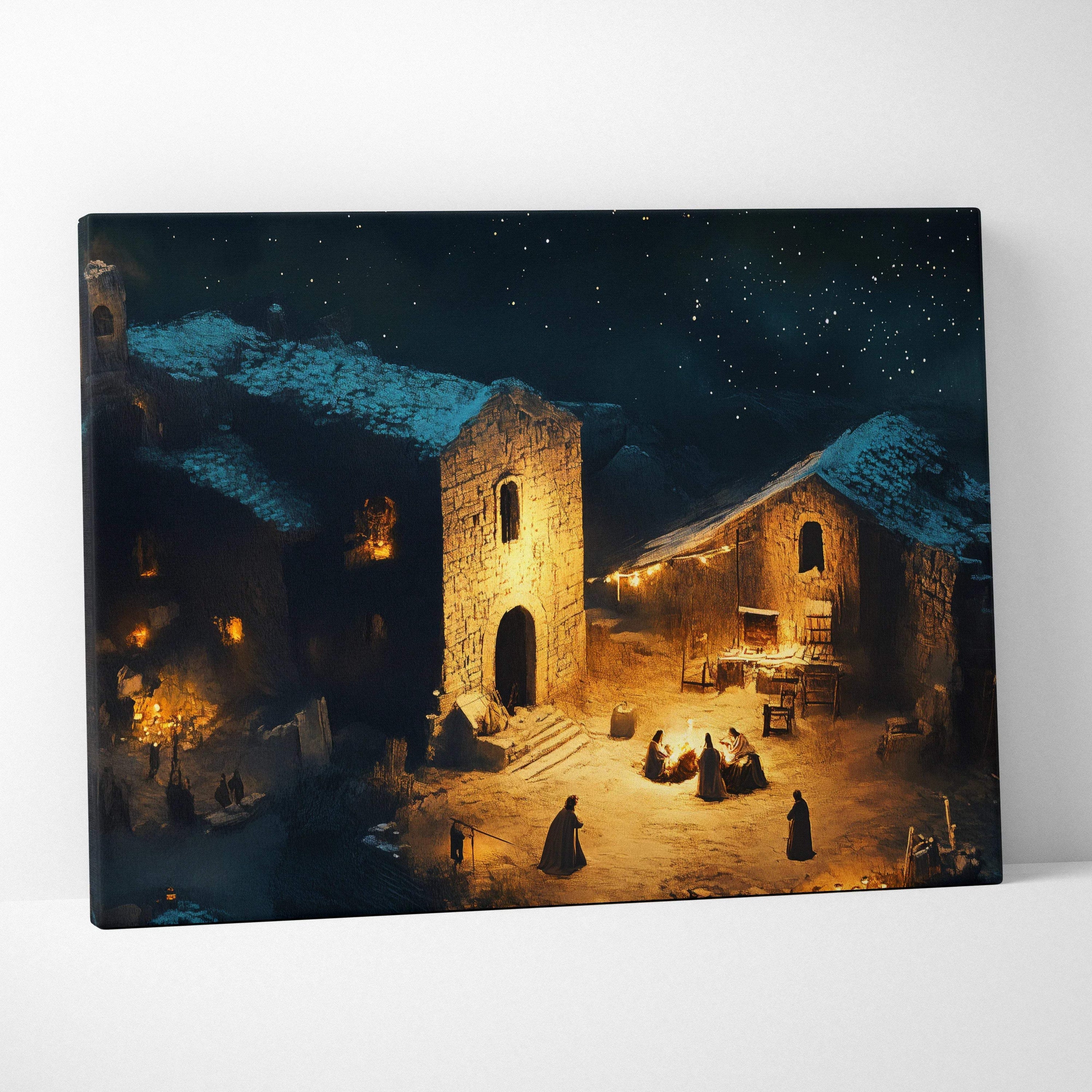 Warm lantern-lit snowy stone village at night under starry sky canvas art