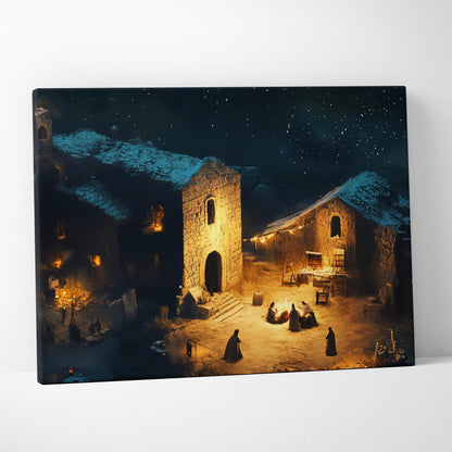 Warm lantern-lit snowy stone village at night under starry sky canvas art