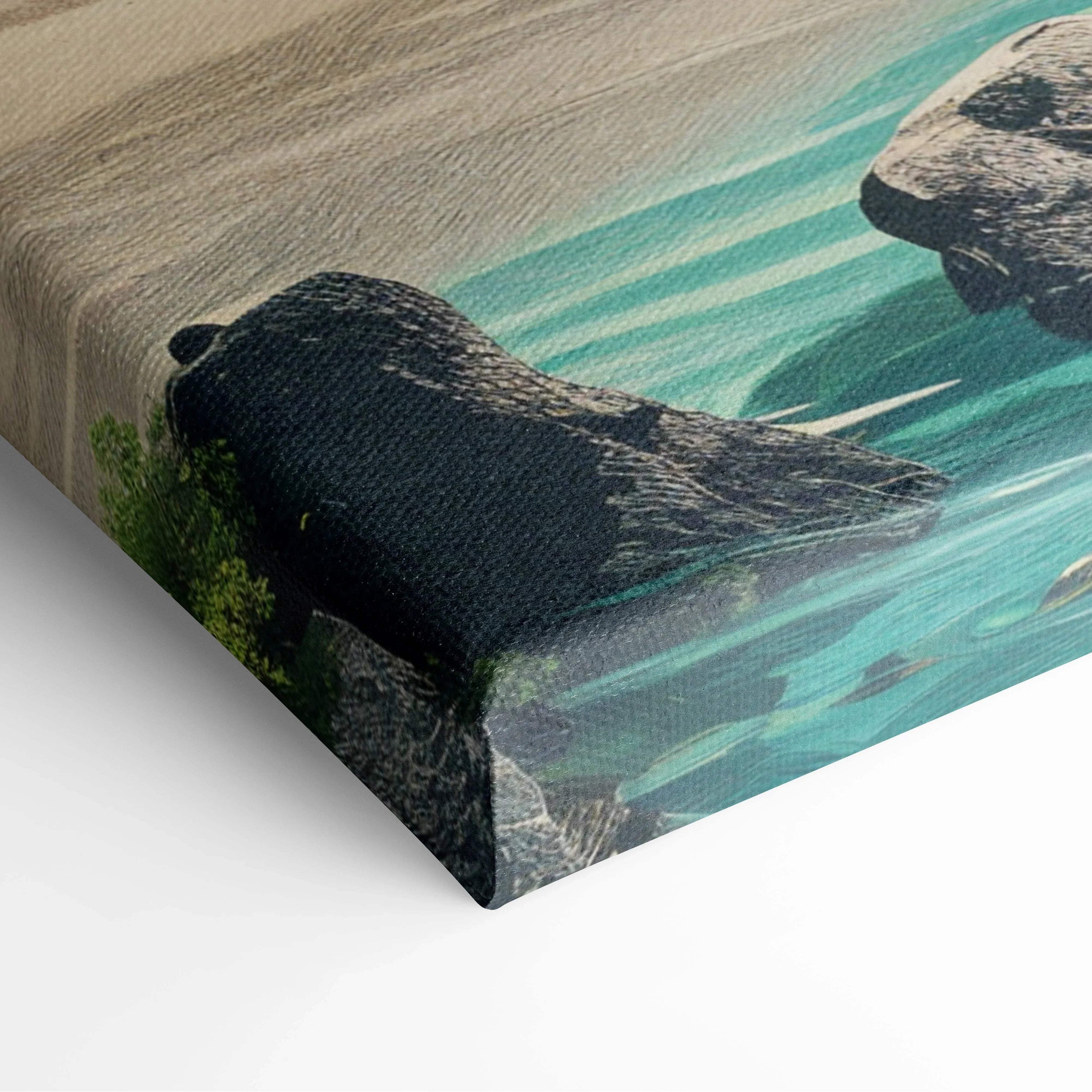 Black seal on rocks by turquoise water, tropical hut canvas print