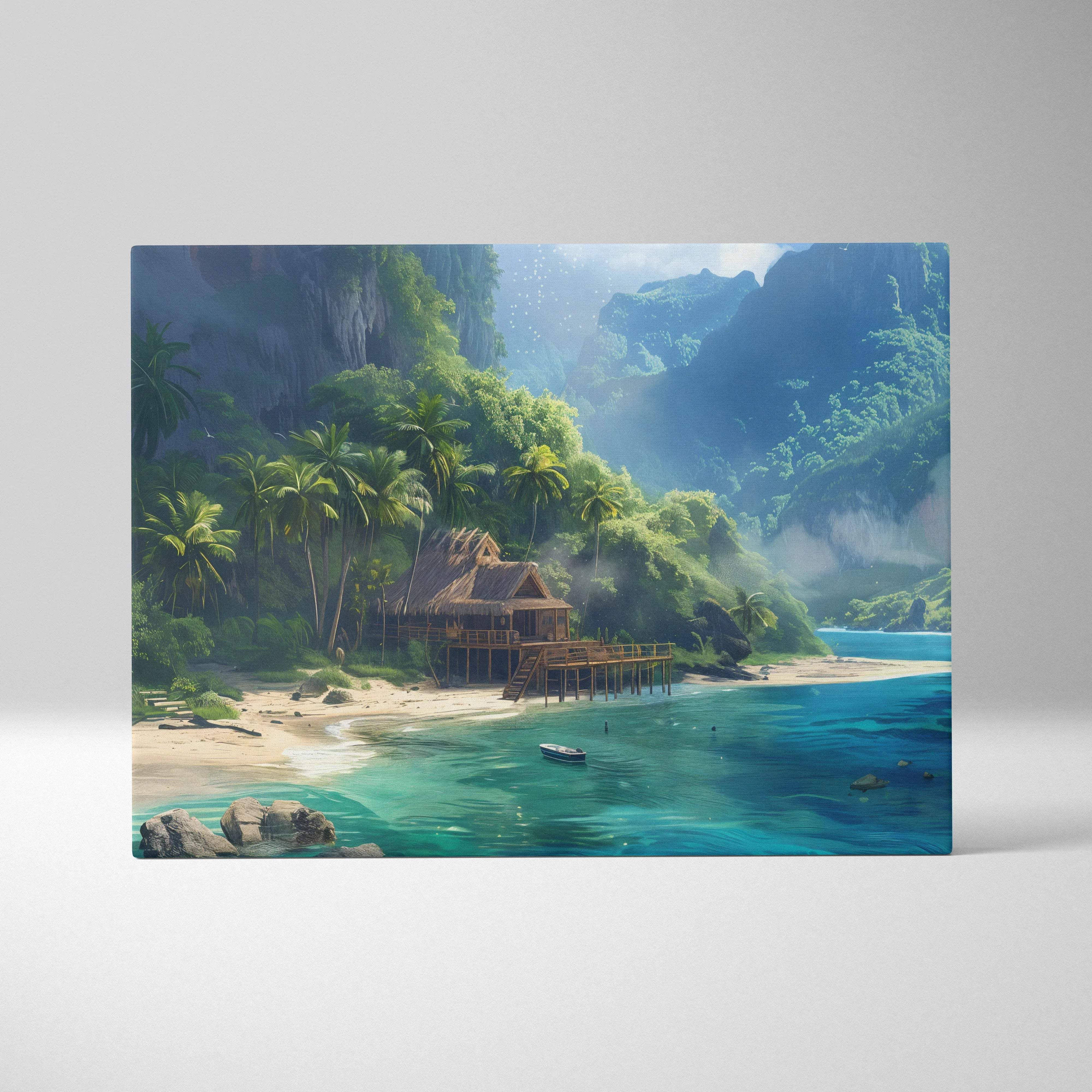 Secluded tropical hut by turquoise waters canvas wall art