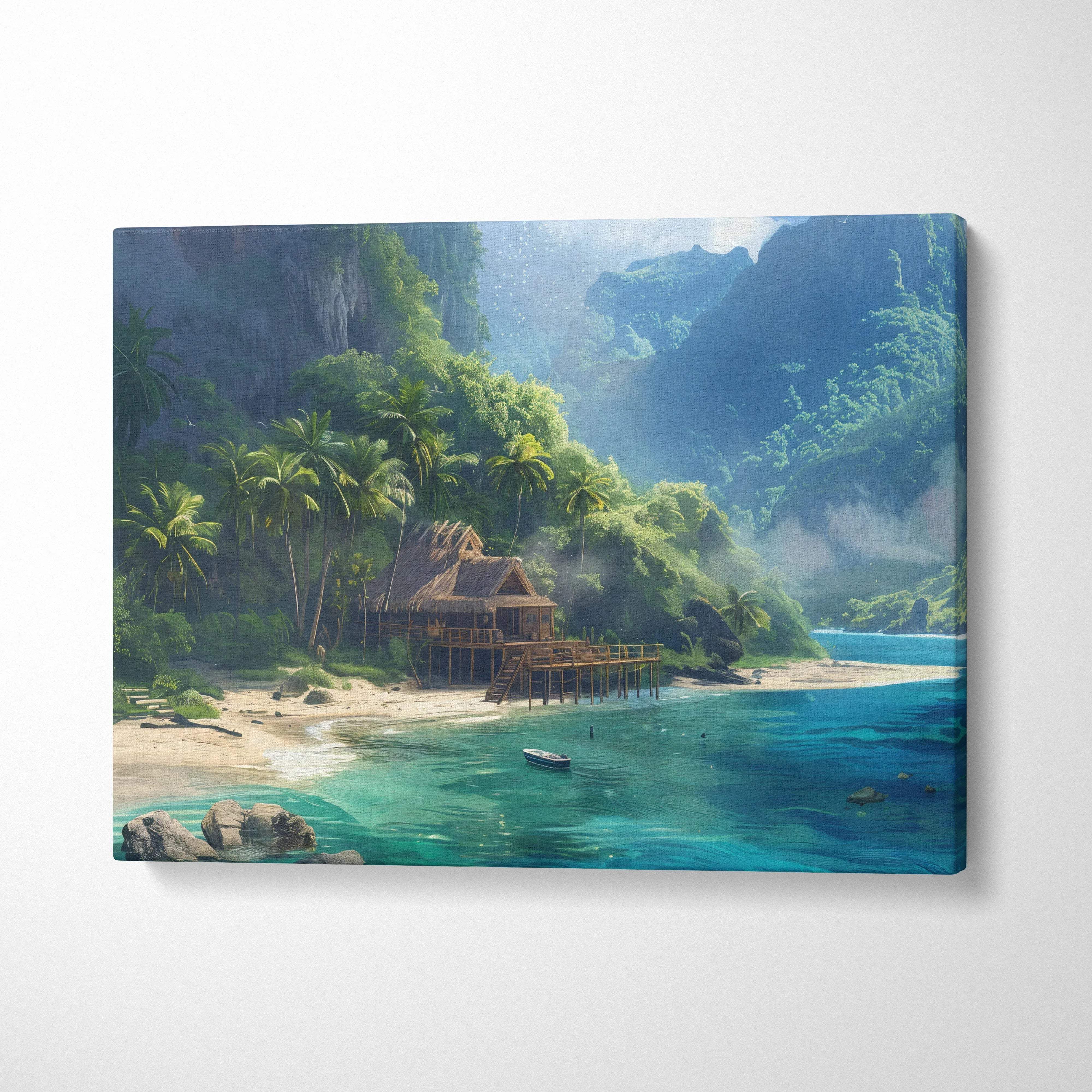 Secluded tropical hut by turquoise waters in palm-fringed paradise canvas art