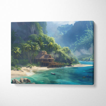 Secluded tropical hut by turquoise waters in palm-fringed paradise canvas art