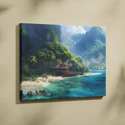 Secluded tropical hut by turquoise waters canvas wall art