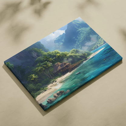Secluded tropical hut by turquoise waters in palm-fringed paradise canvas art