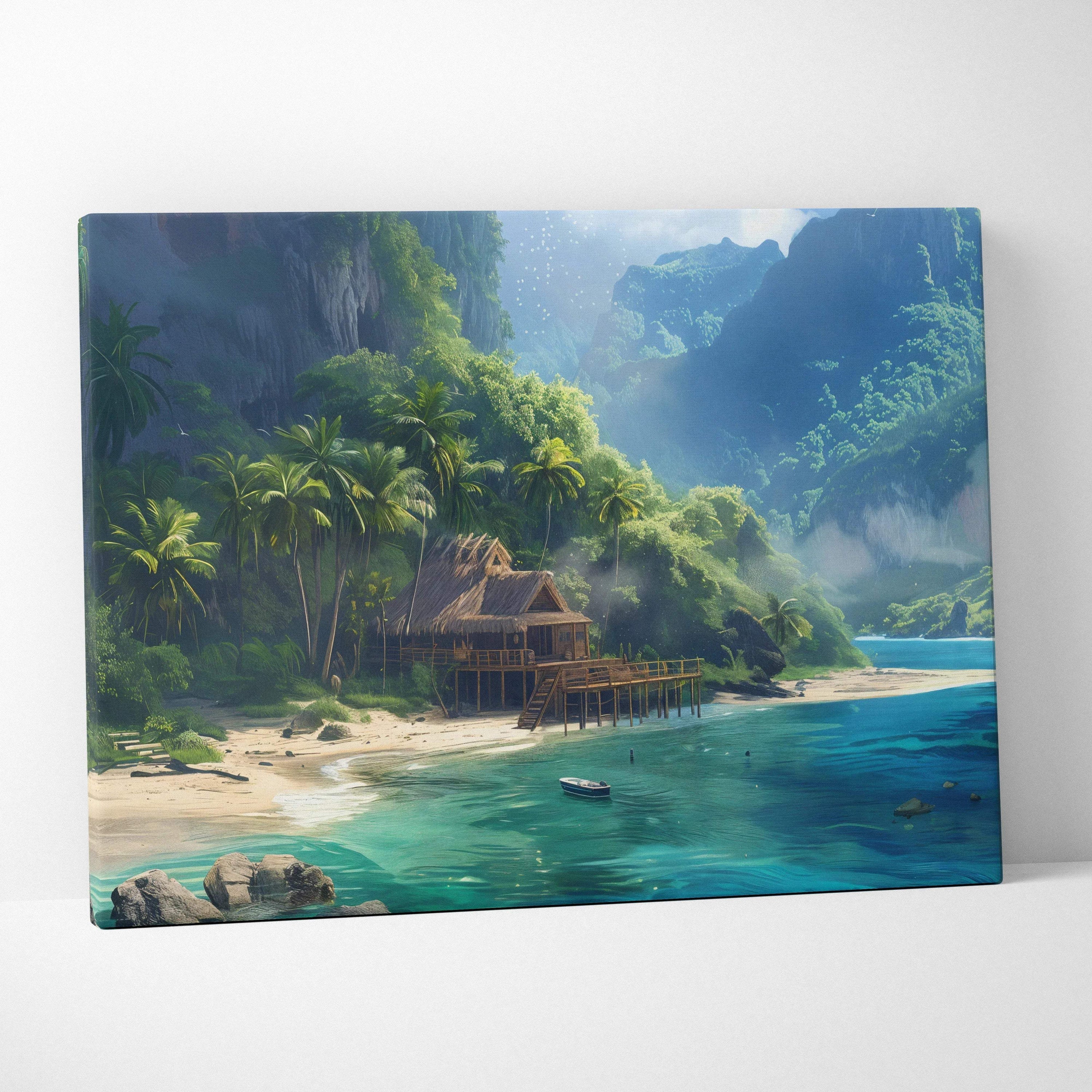Secluded tropical hut by turquoise waters in palm-fringed paradise canvas art