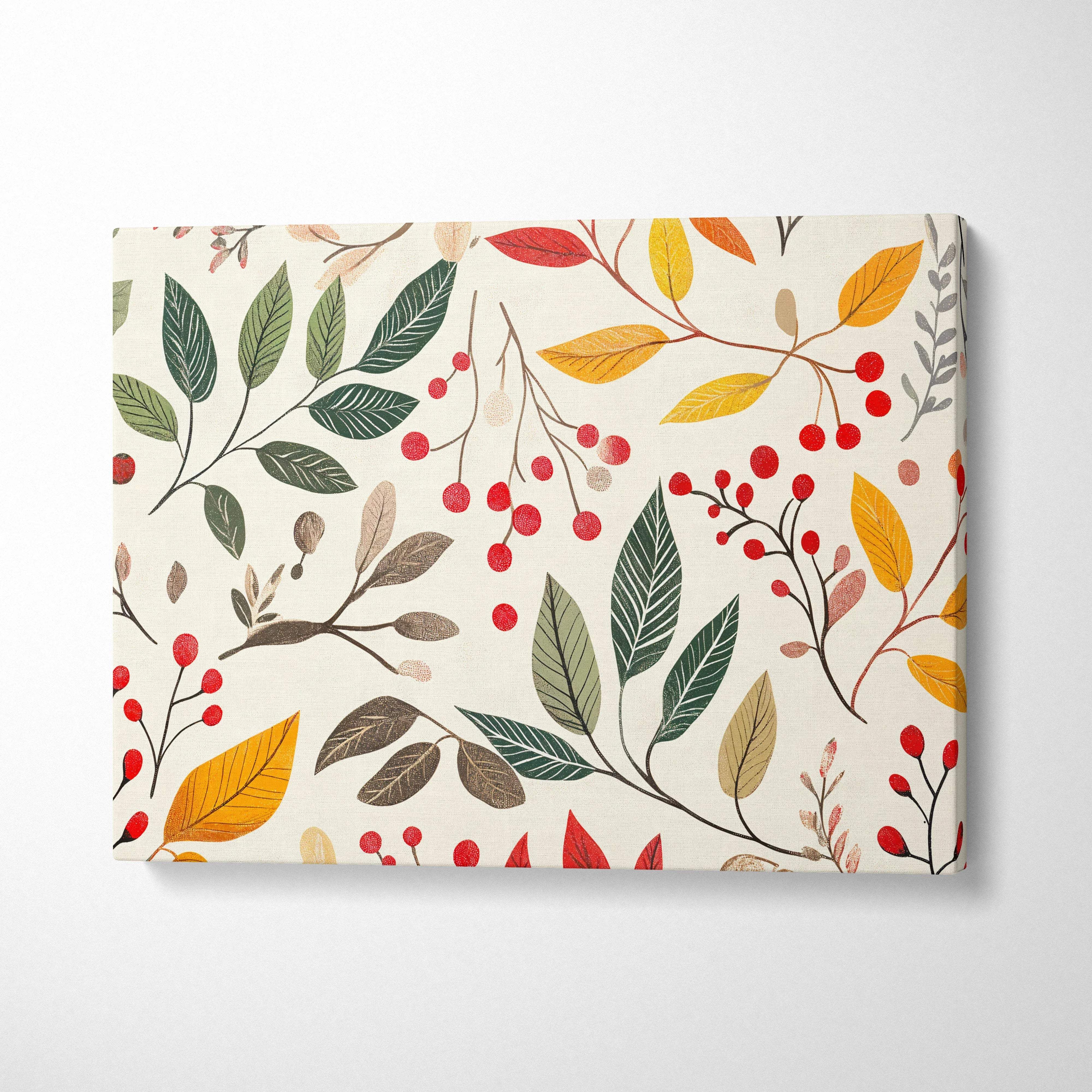Cozy botanical branches canvas wall art with red berries and autumn leaves