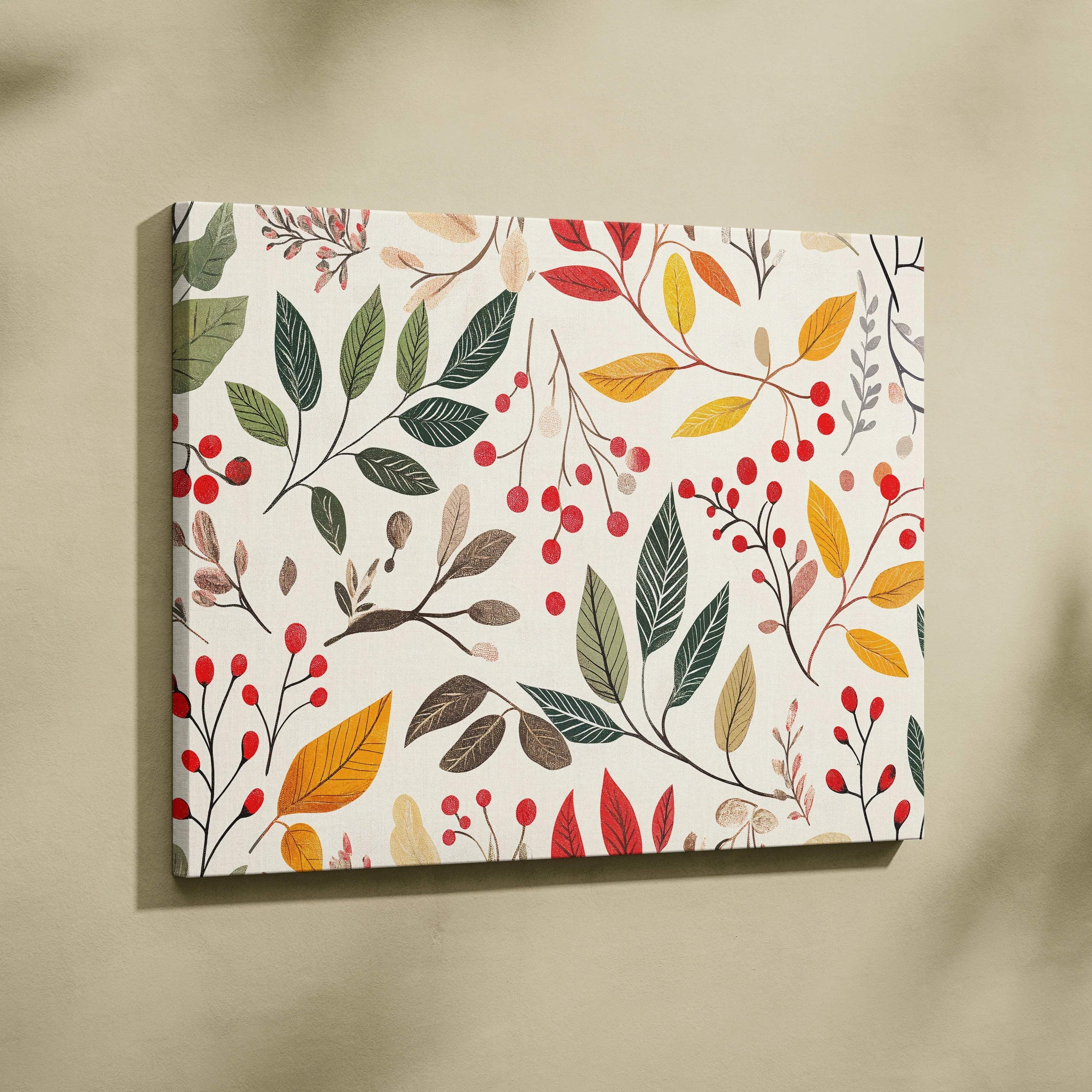 Cozy botanical branches canvas wall art with red berries and autumn leaves in green gold on cream
