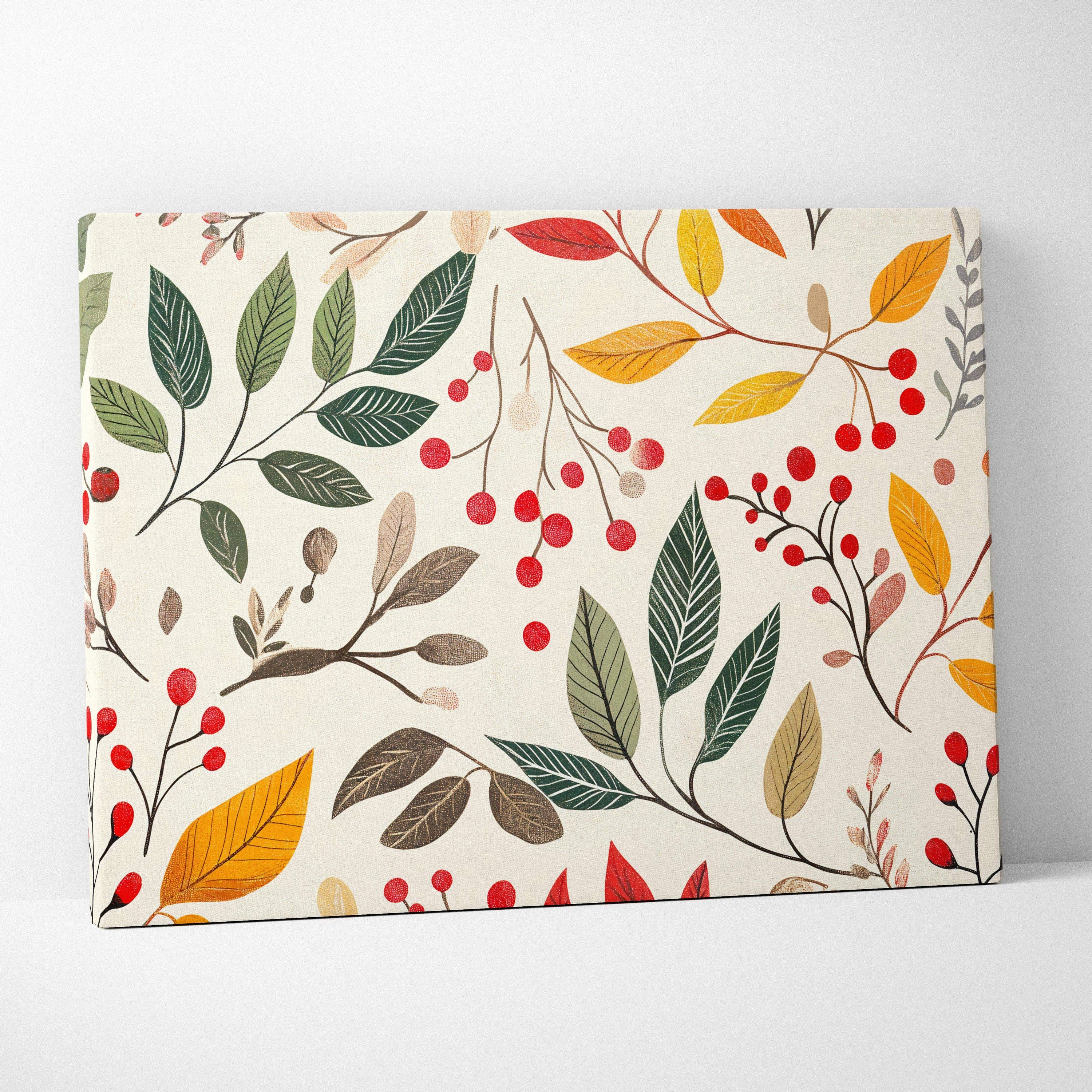 Cozy botanical branches with red berries and autumn leaves canvas wall art