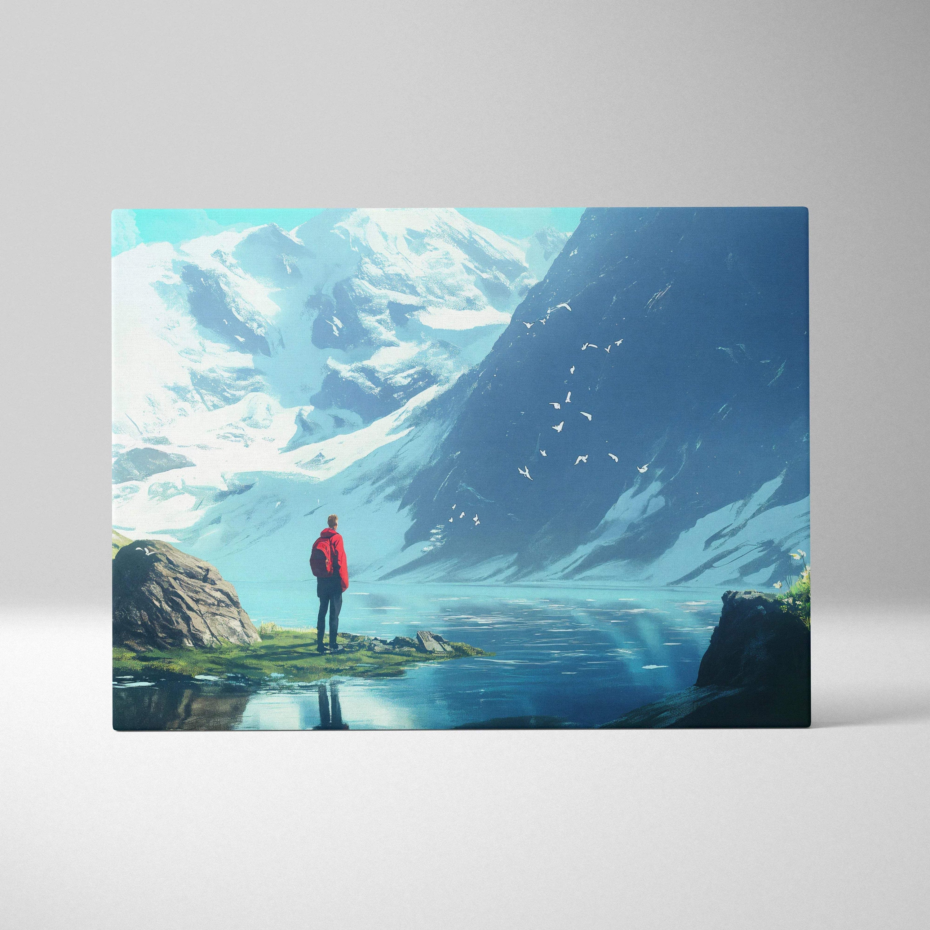 Lone hiker in red jacket by alpine lake beneath snowy peaks canvas art