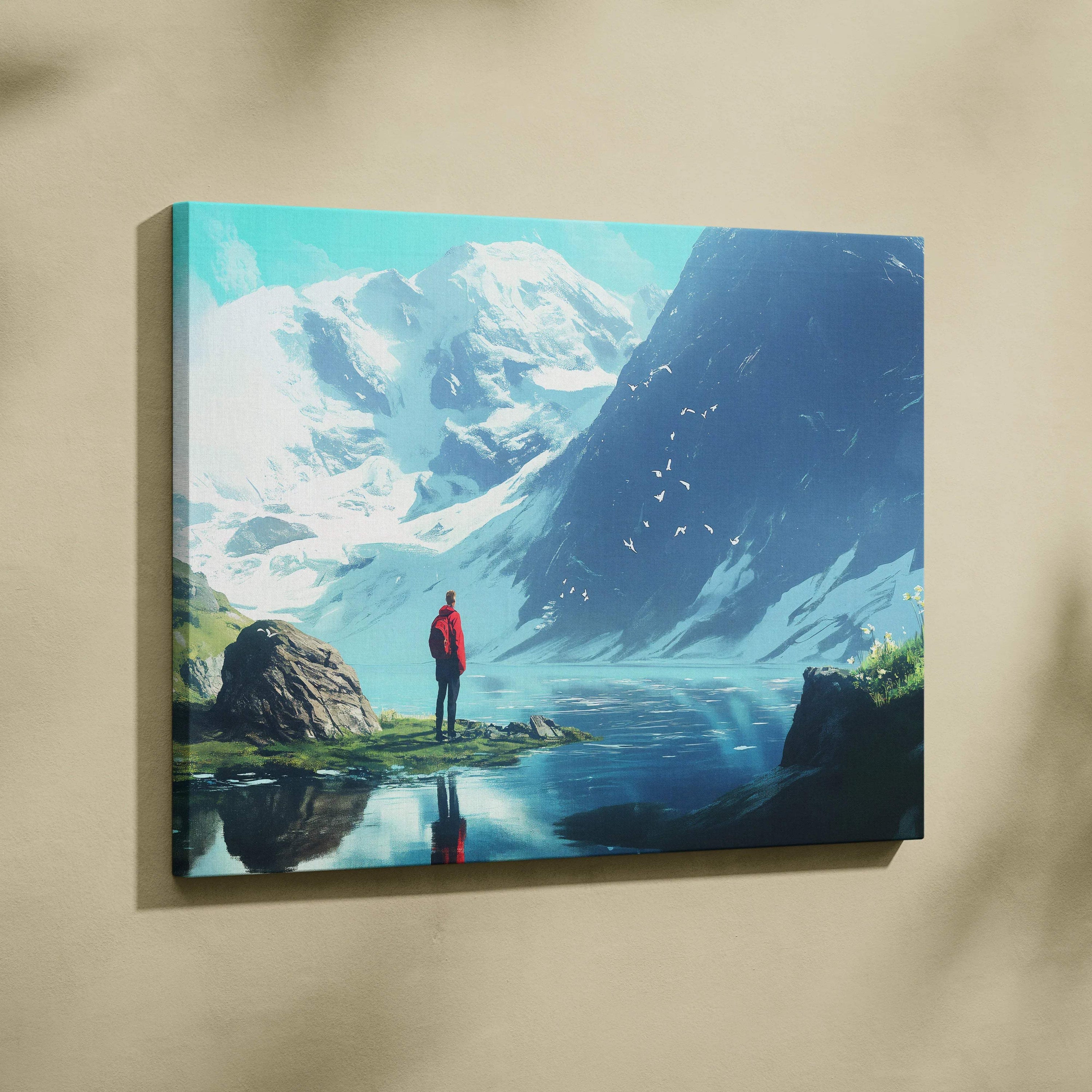 Lone hiker in red jacket by alpine lake with snowy peaks and birds canvas art