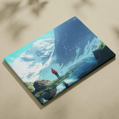 Lone hiker in red jacket by alpine lake under snowy peaks canvas art