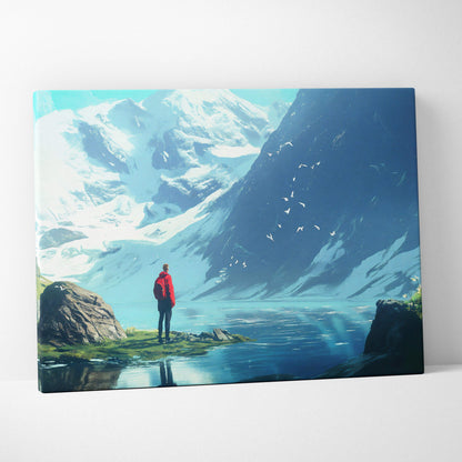 Lone hiker in red jacket by alpine lake under snowy peaks with birds canvas art