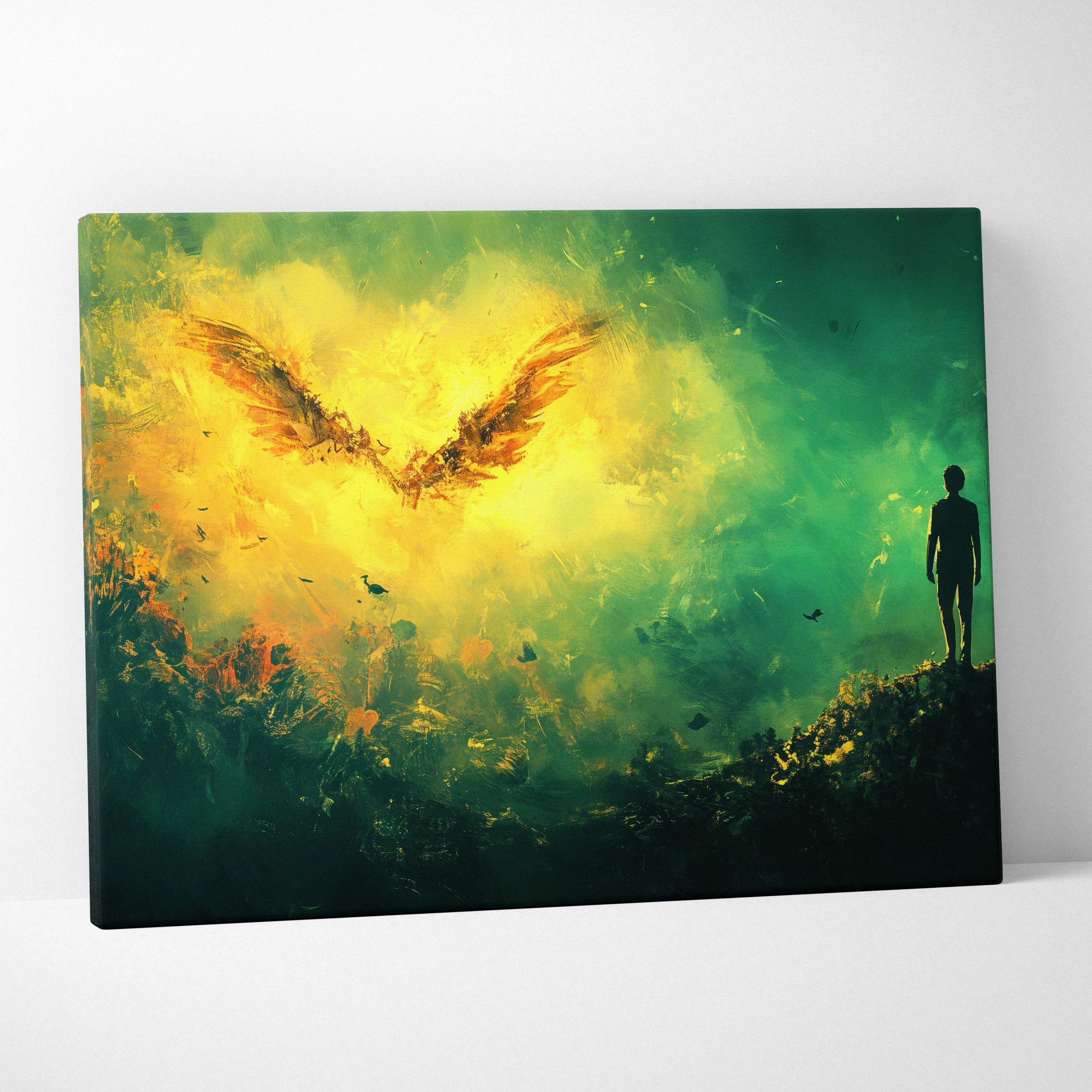 Vibrant silhouette on ridge under radiant golden wings in swirling green sky canvas art