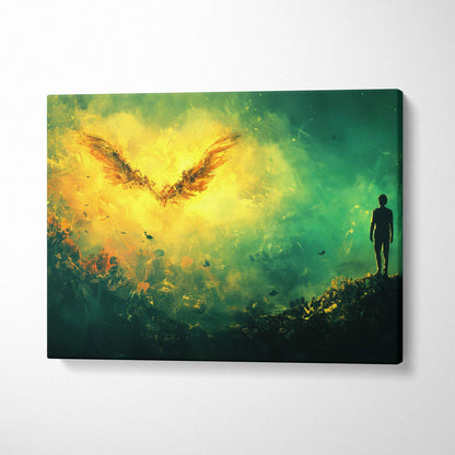 Silhouette on ridge under radiant golden wings in swirling green yellow sky canvas art