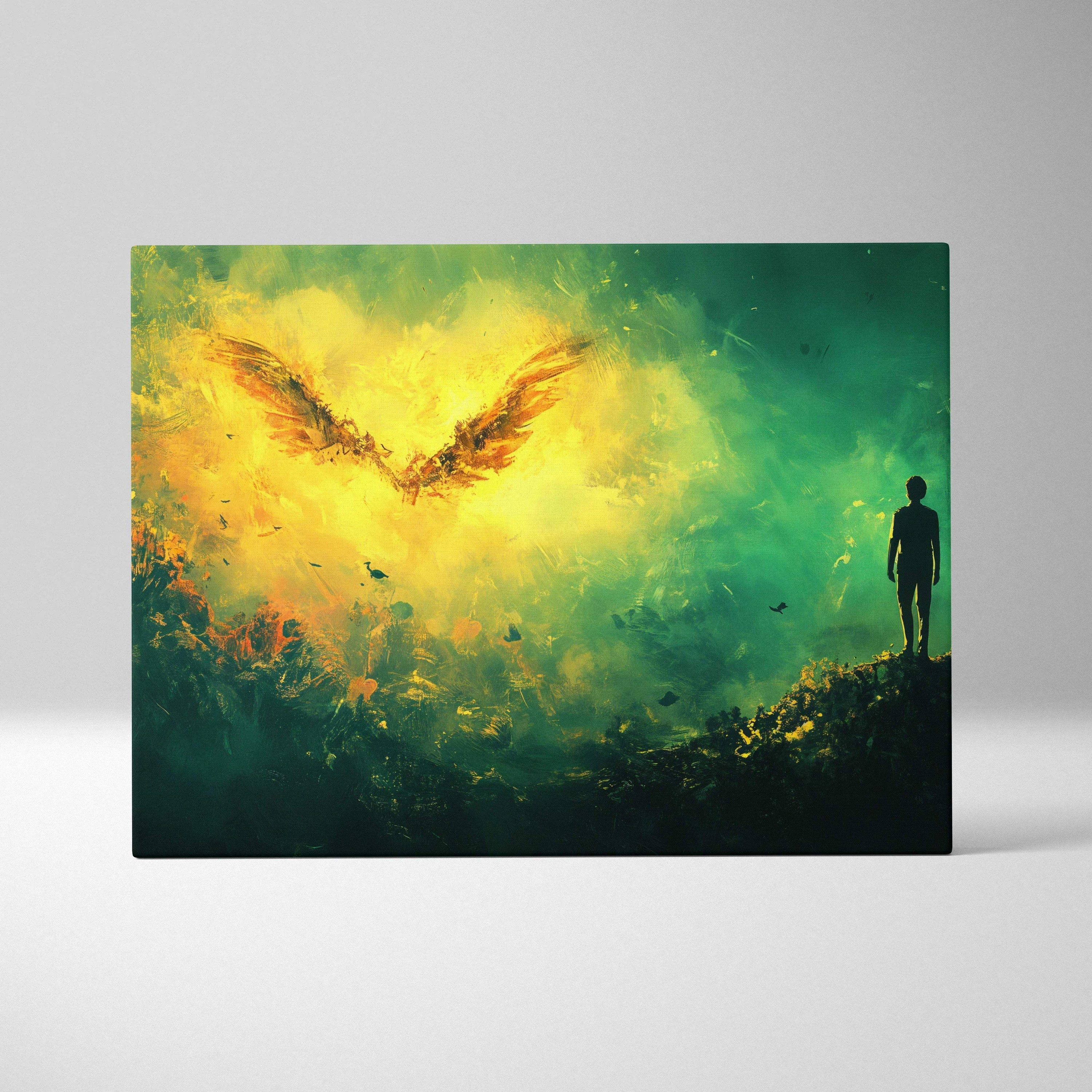 Vibrant silhouette on ridge with radiant golden wings burst in swirling green yellow light canvas art