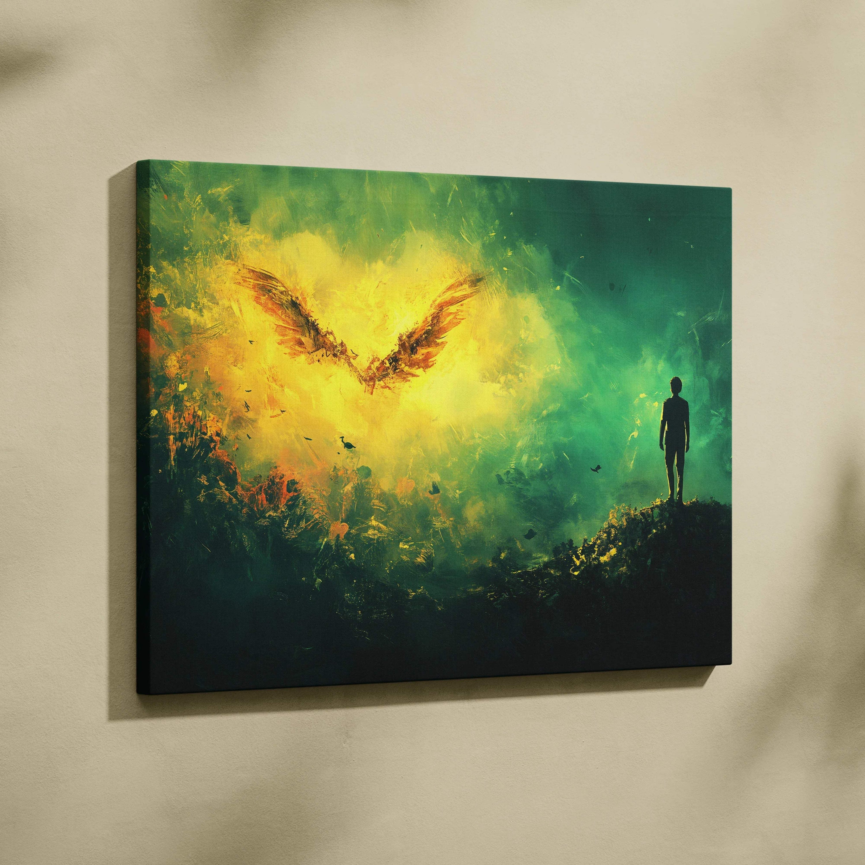 Vibrant silhouette on ridge under radiant golden wings on swirling green yellow canvas art
