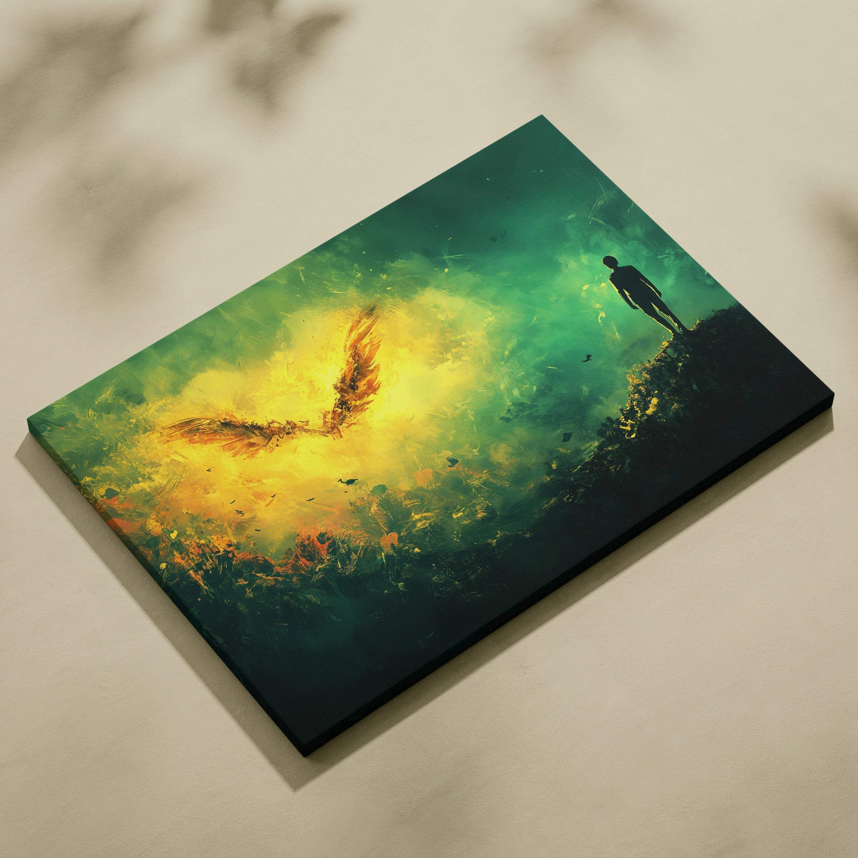 Silhouette on ridge under radiant golden wings burst in swirling green yellow light canvas art