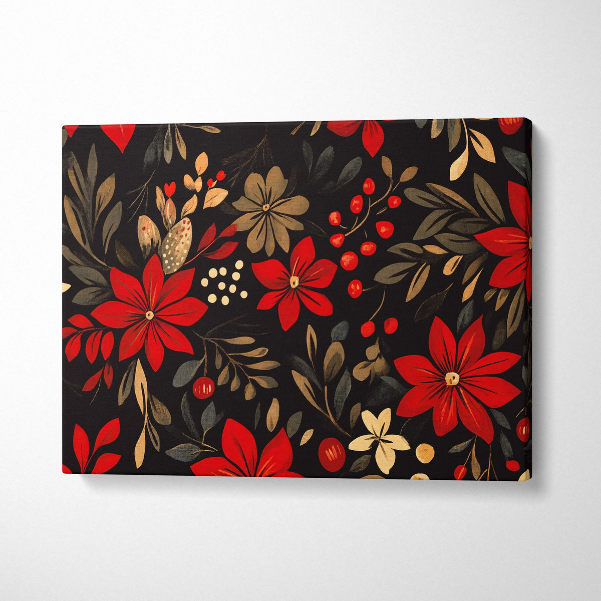 Vintage crimson red floral canvas wall art on black background