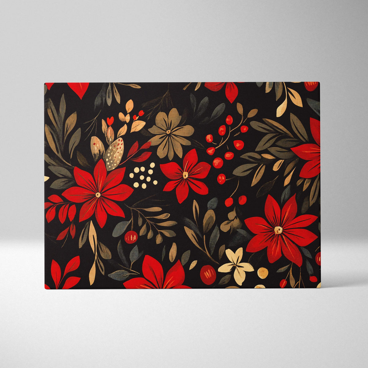 Vintage crimson red poinsettia floral canvas wall art on black background
