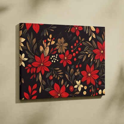 Vintage crimson red floral canvas wall art with cream blossoms on black background