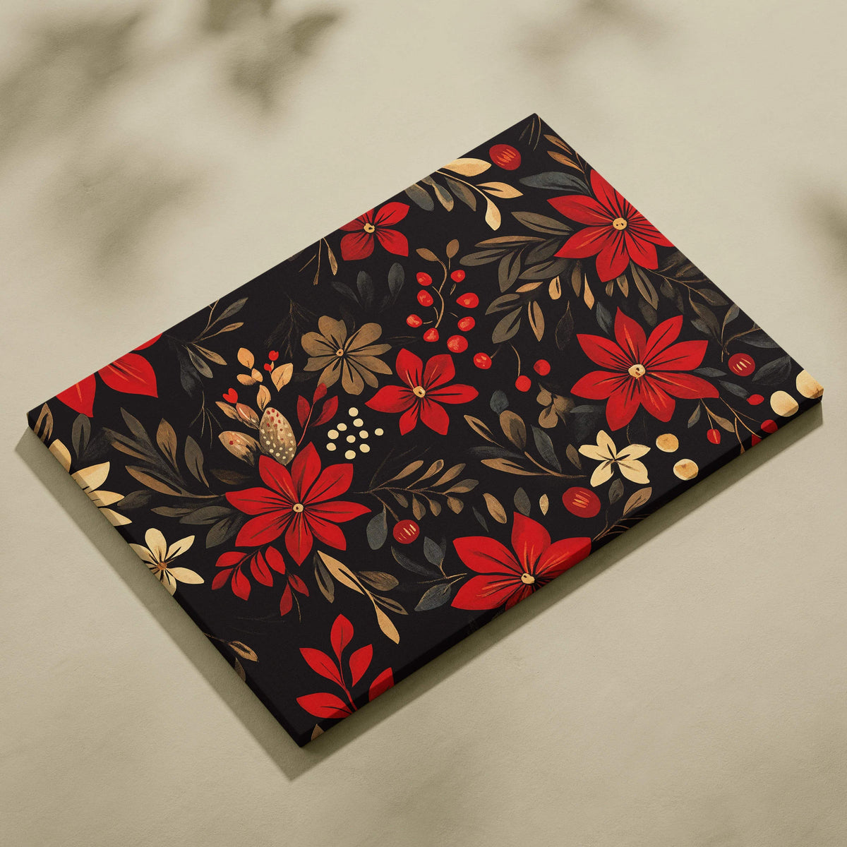 Vintage crimson red floral canvas wall art on black background