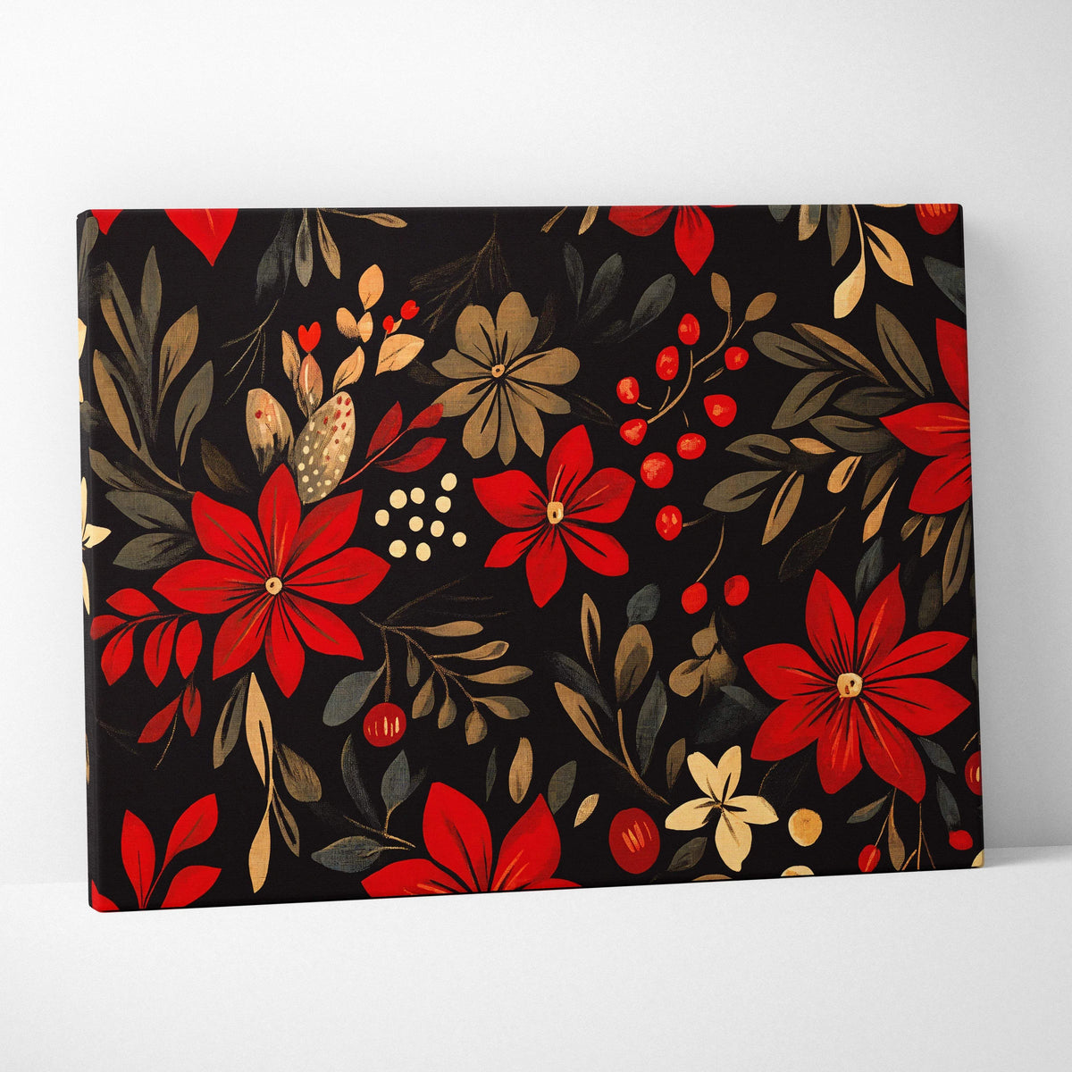 Vintage crimson red floral canvas wall art with cream blossoms on black background