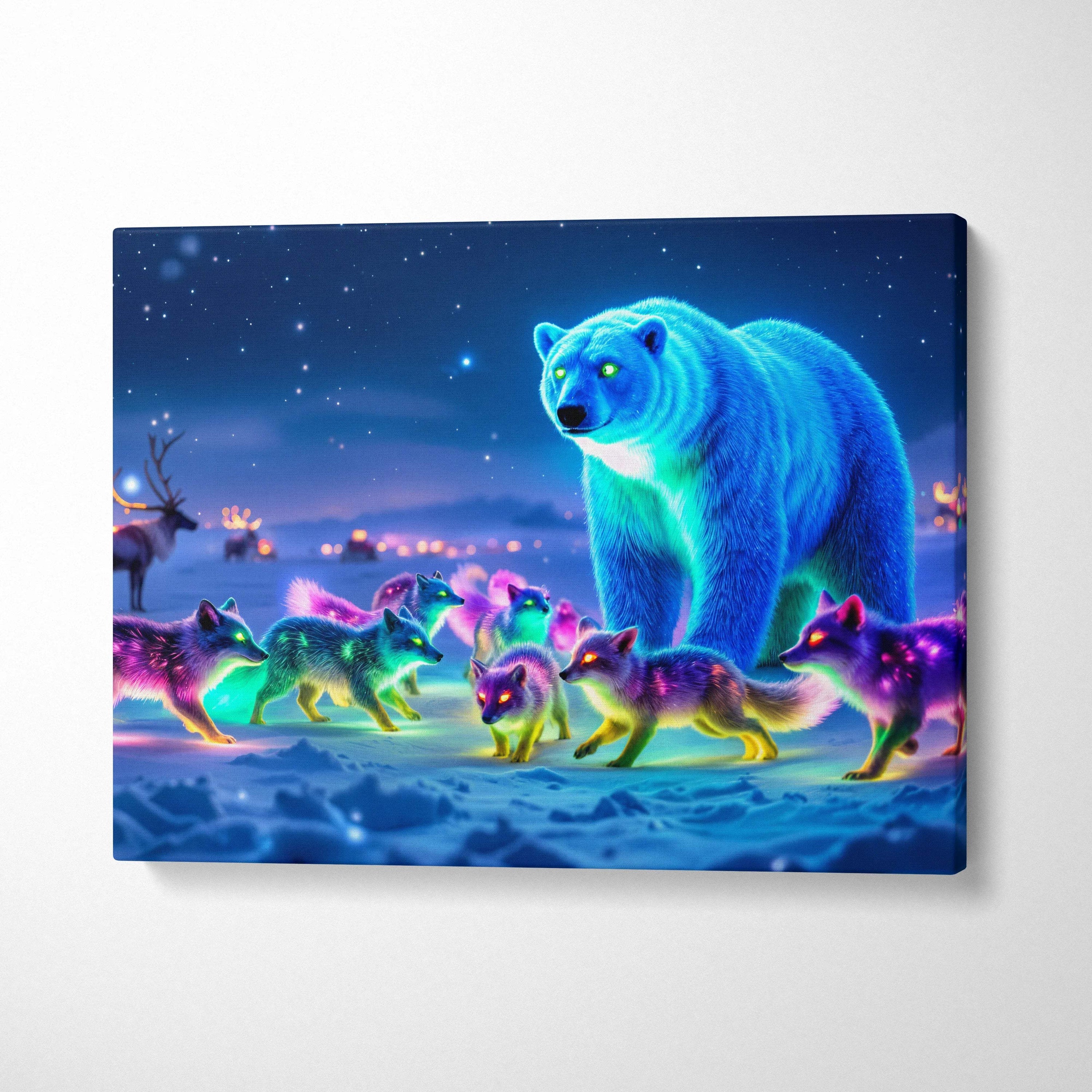 Glowing blue polar bear leads neon foxes under starry night canvas print