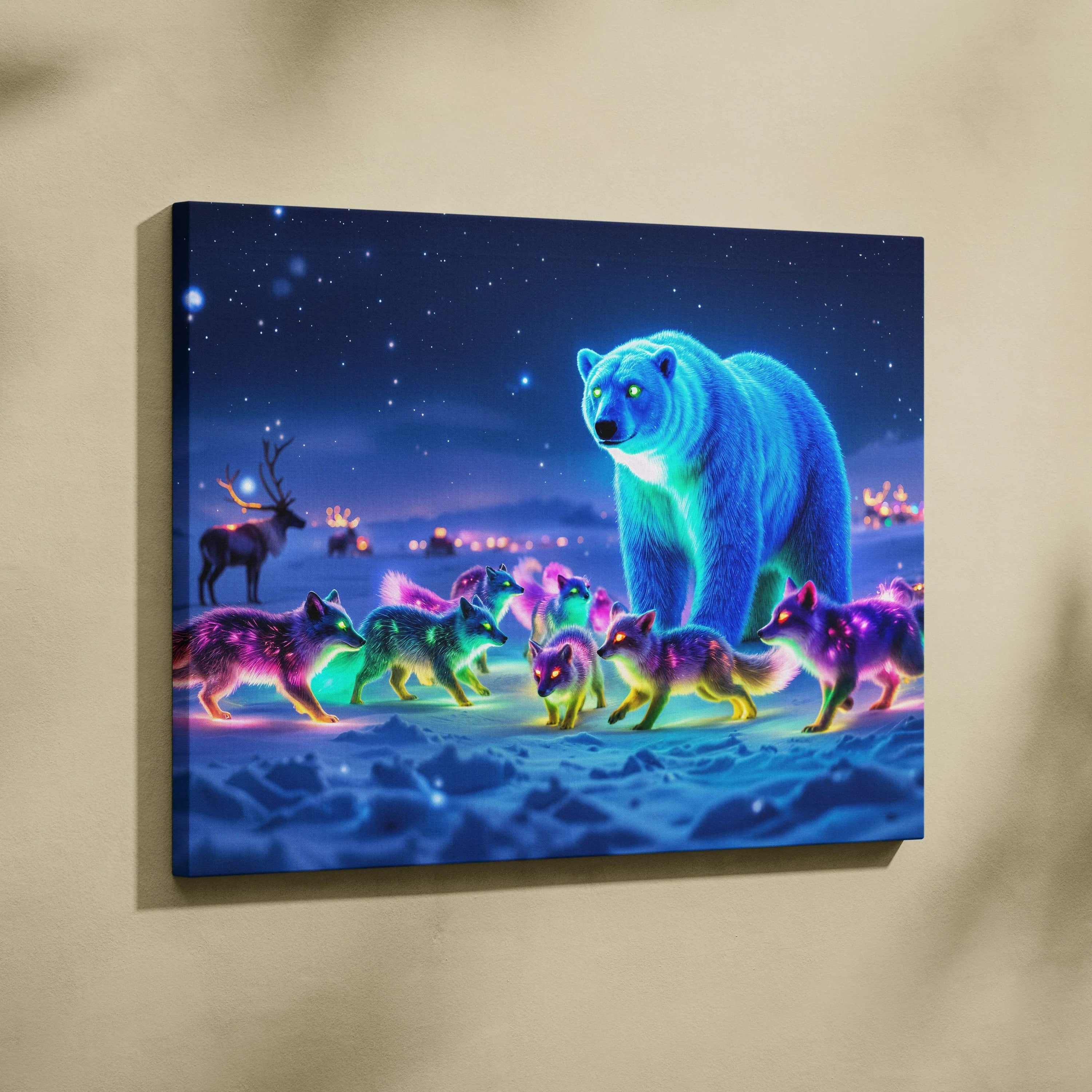 Glowing neon-blue polar bear leads wolves and reindeer under starry night canvas print