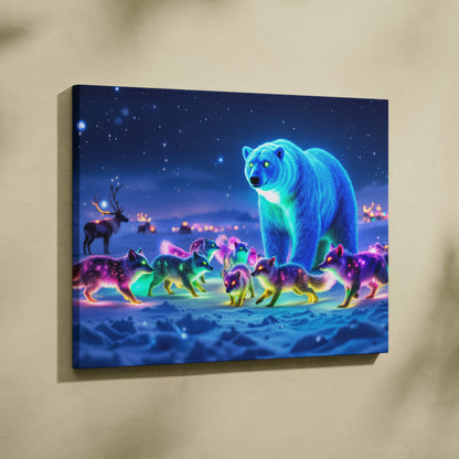 Glowing neon-blue polar bear leads wolves and reindeer under starry night canvas print