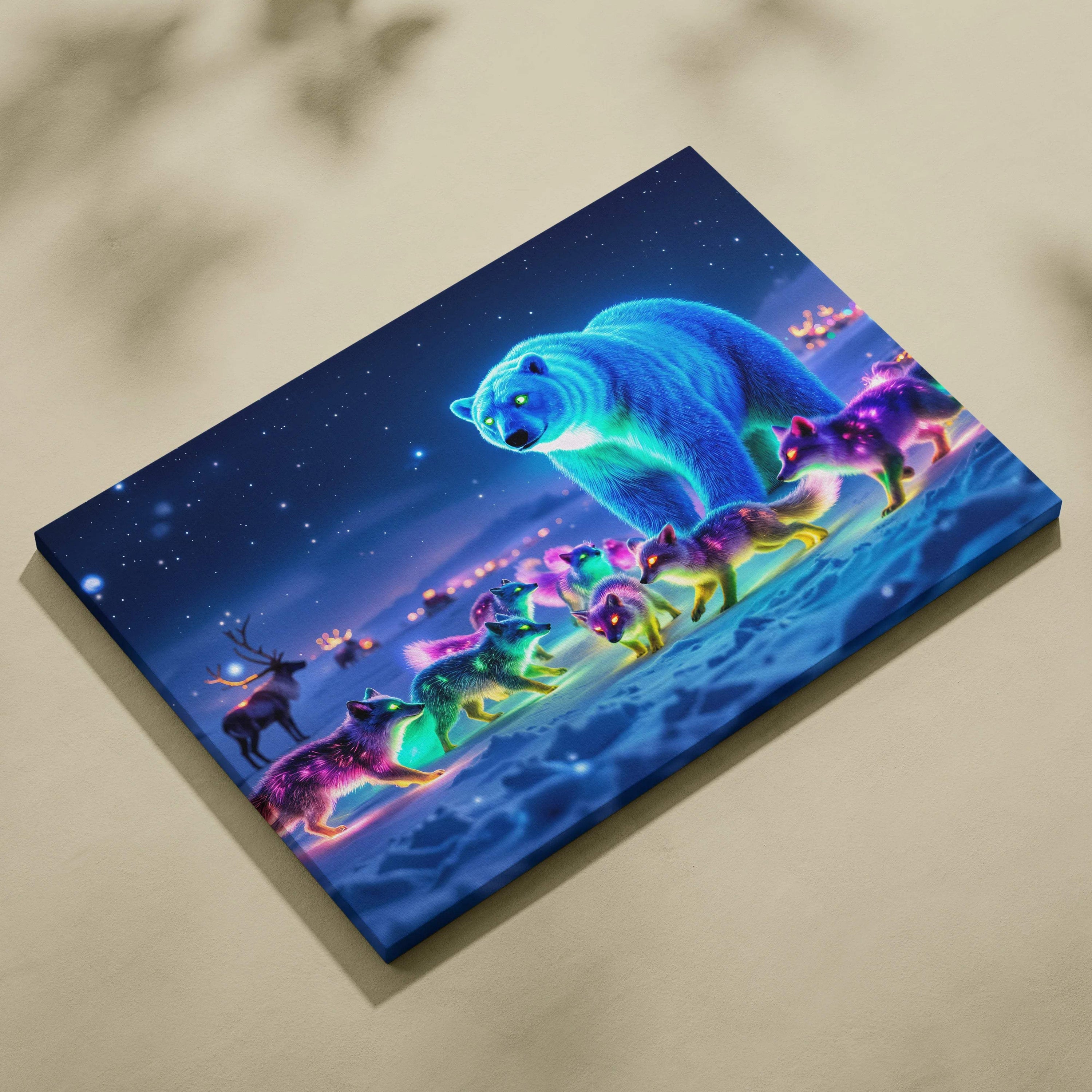 Vibrant neon-blue polar bear and glowing foxes on starry winter canvas print