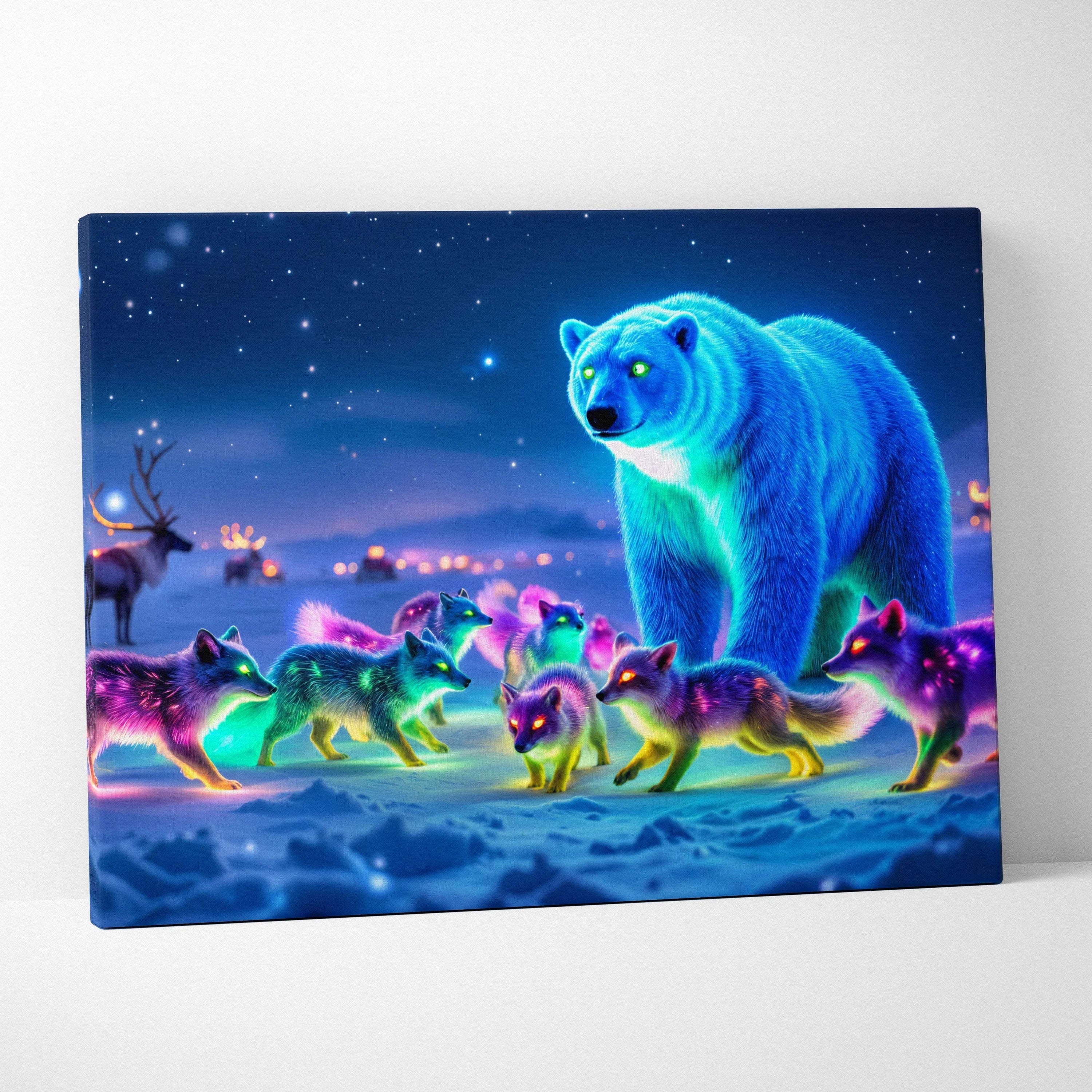 Glowing blue polar bear with neon foxes and reindeer under starry night canvas print