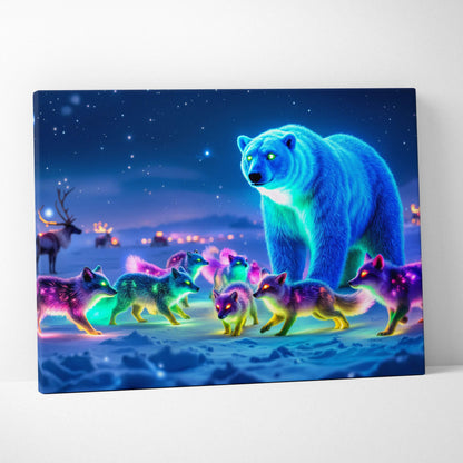 Glowing blue polar bear with neon foxes and reindeer under starry night canvas print