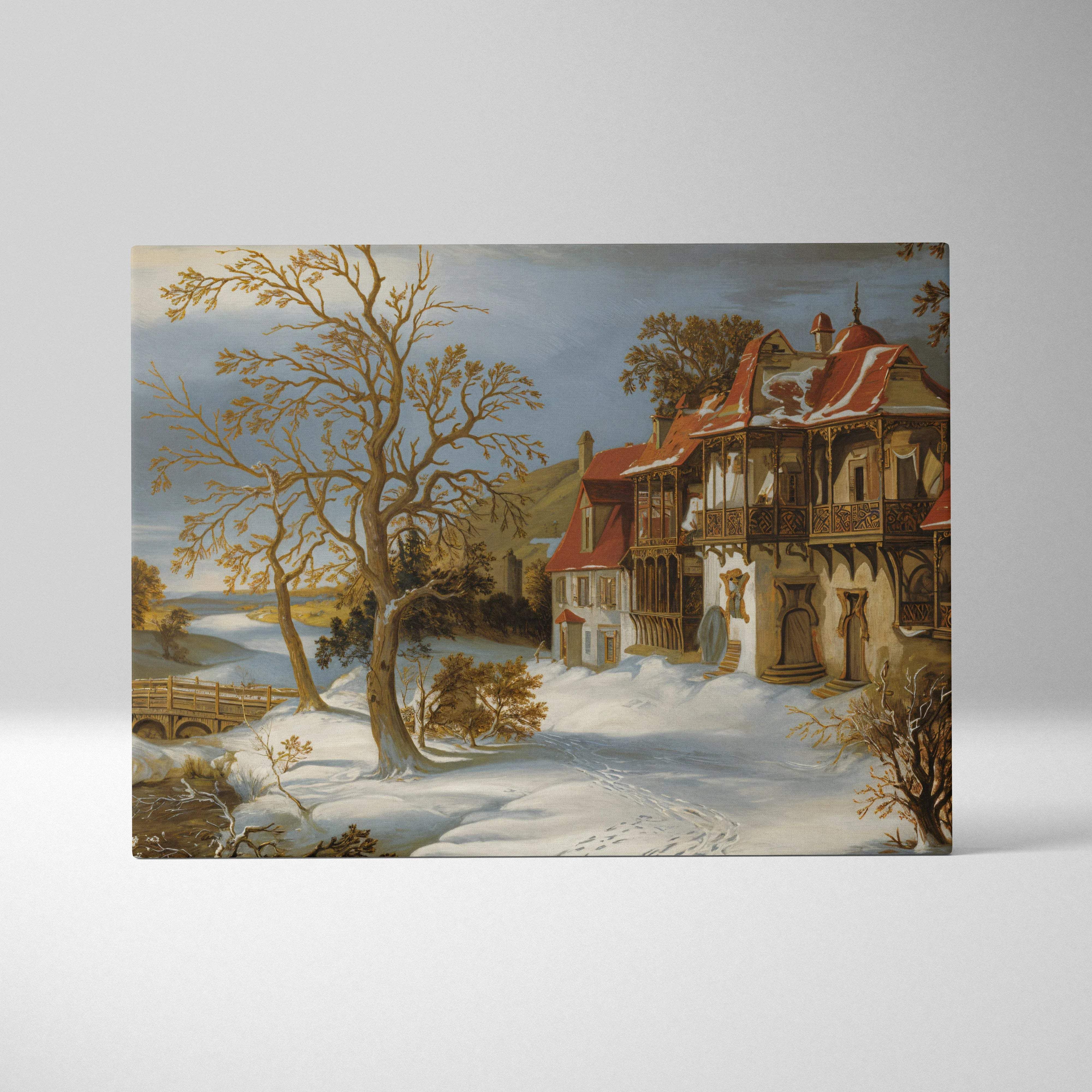 Winter snow dusted manor by winding river canvas wall art