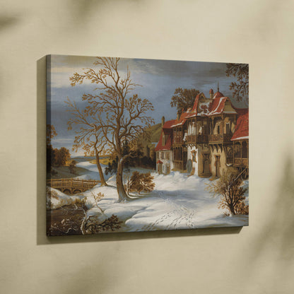 Winter snow dusted manor by winding river canvas wall art