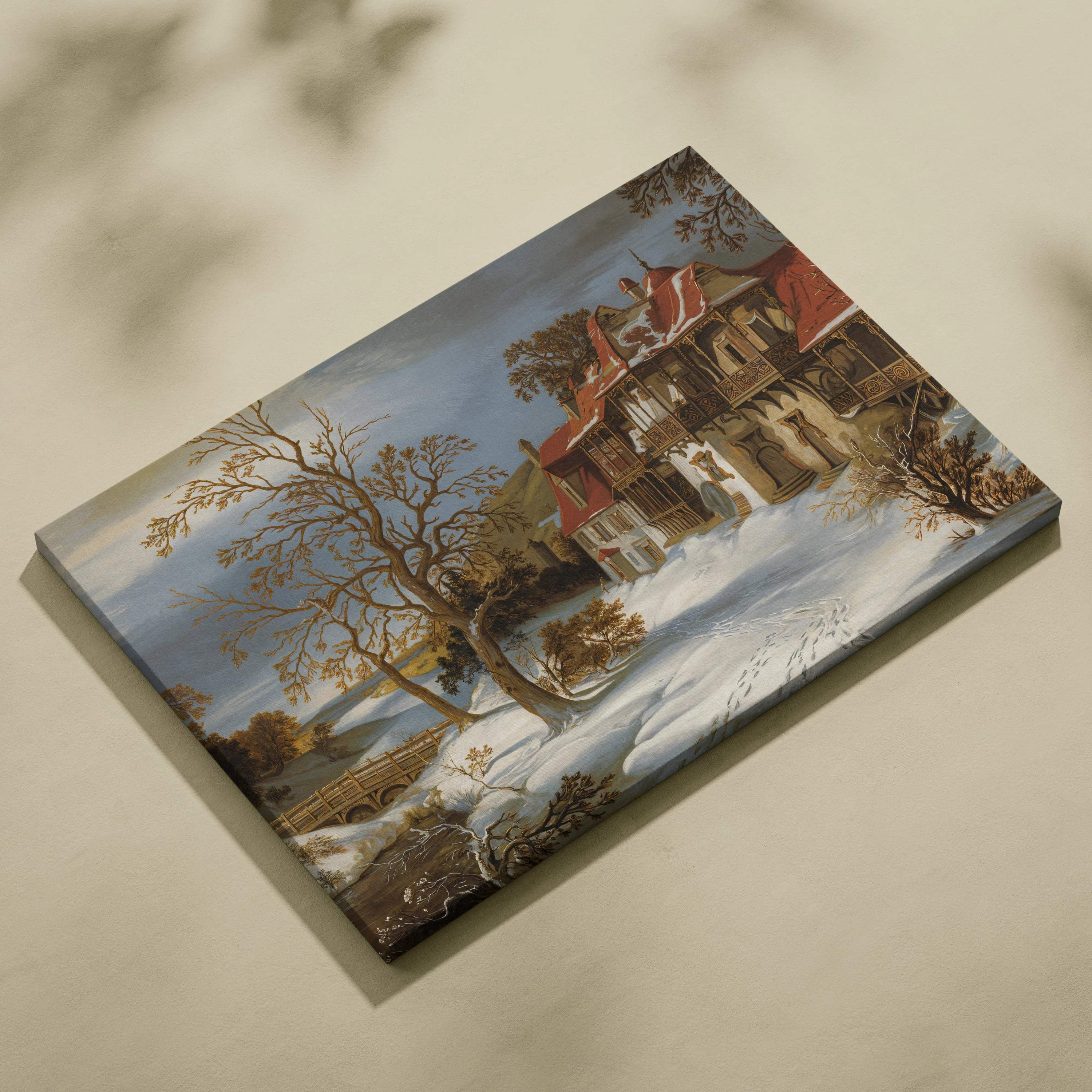 Winter snow dusted manor by winding river canvas wall art print