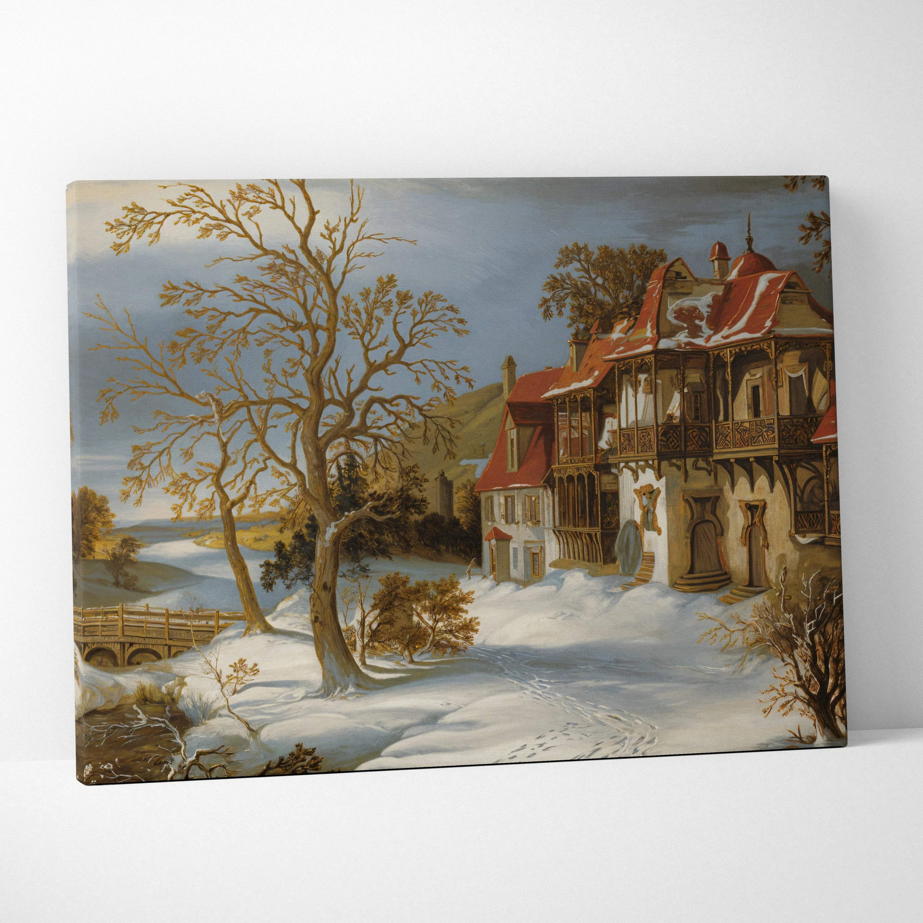 Snow-dusted manor by winding river in warm tones, canvas wall art