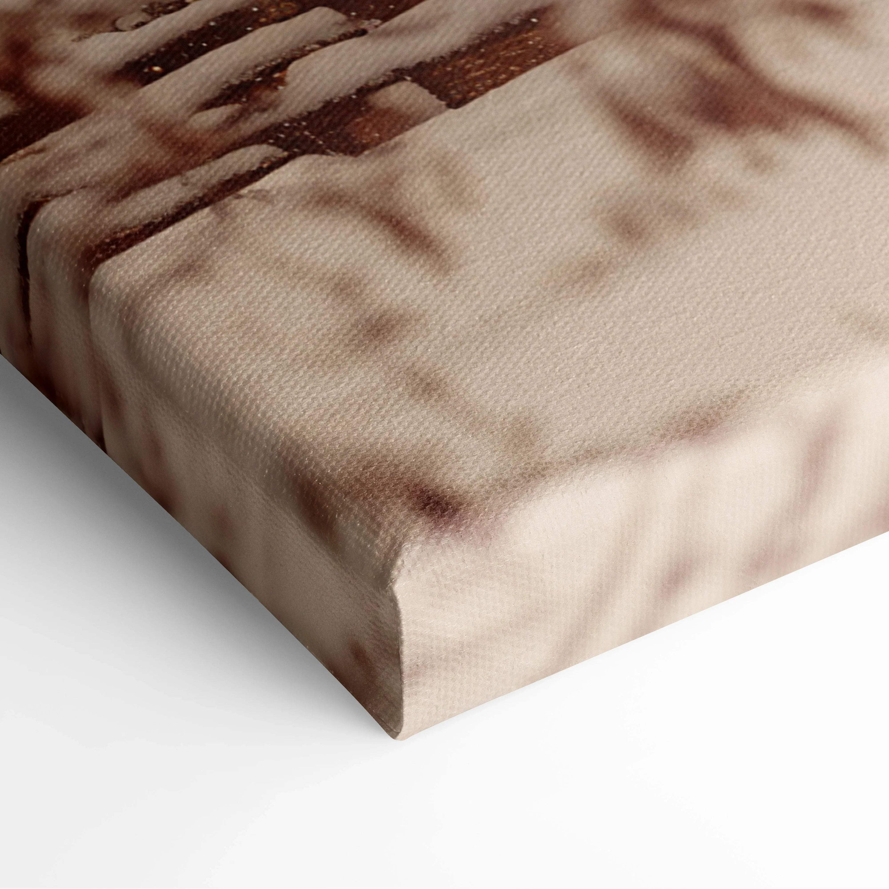 Cozy snowy log cabin canvas print with rustic wood snow pattern