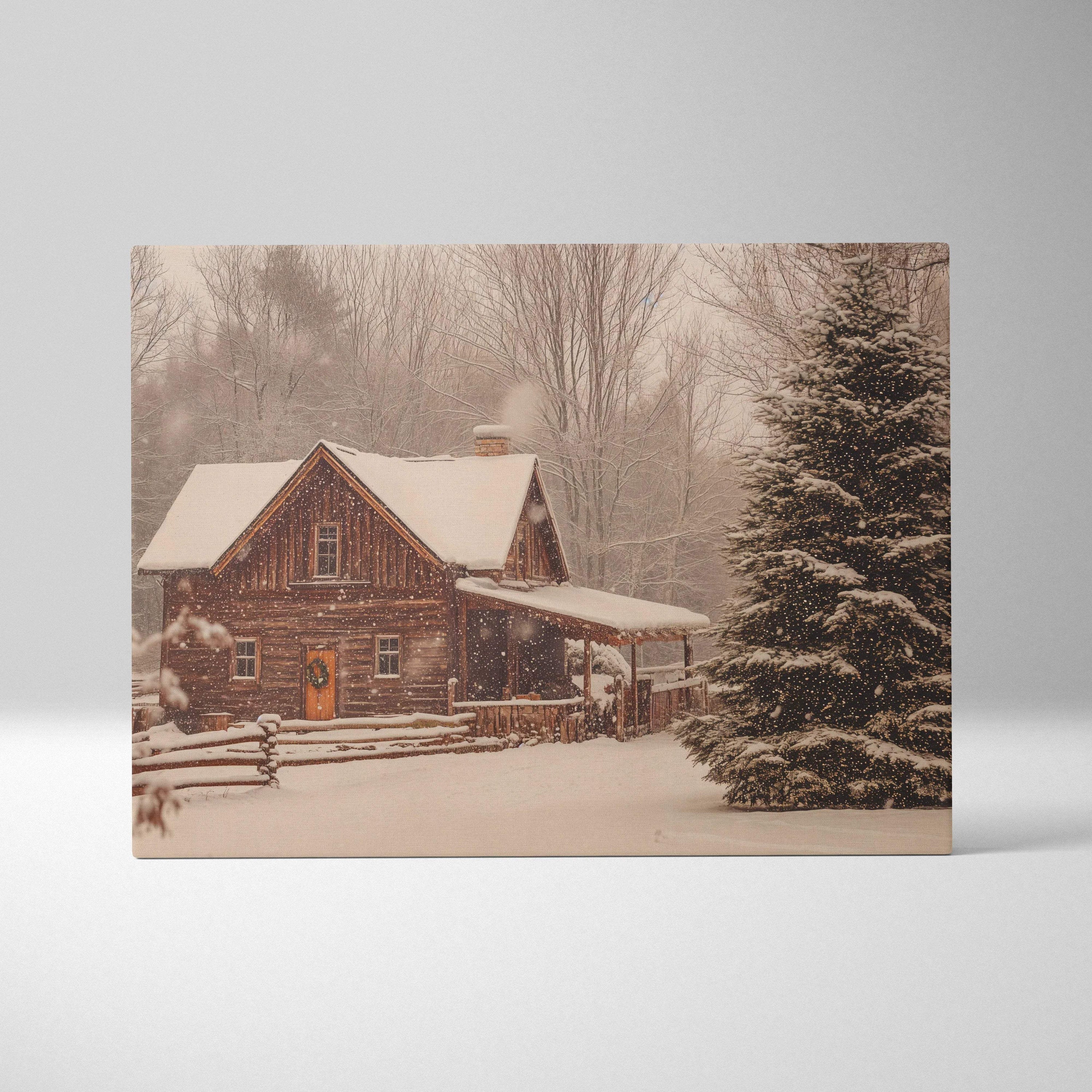 Cozy snowy log cabin with amber light and snow-laden evergreen tree