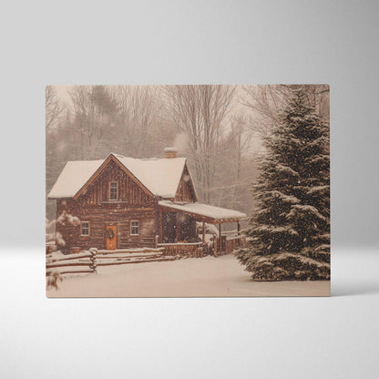 Cozy snowy log cabin with amber light and snow-laden evergreen tree