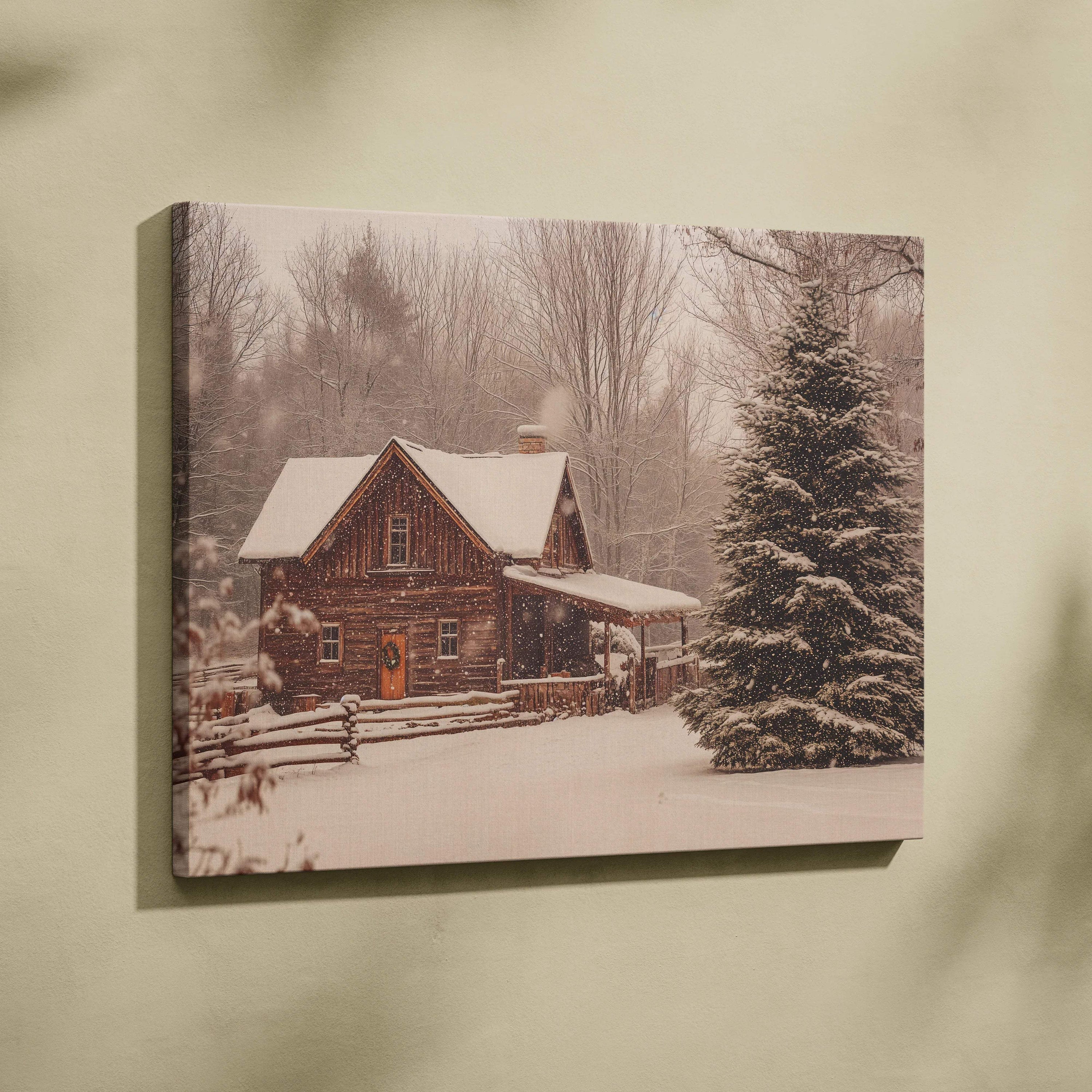 Cozy snowy log cabin canvas print with warm amber light and evergreen tree